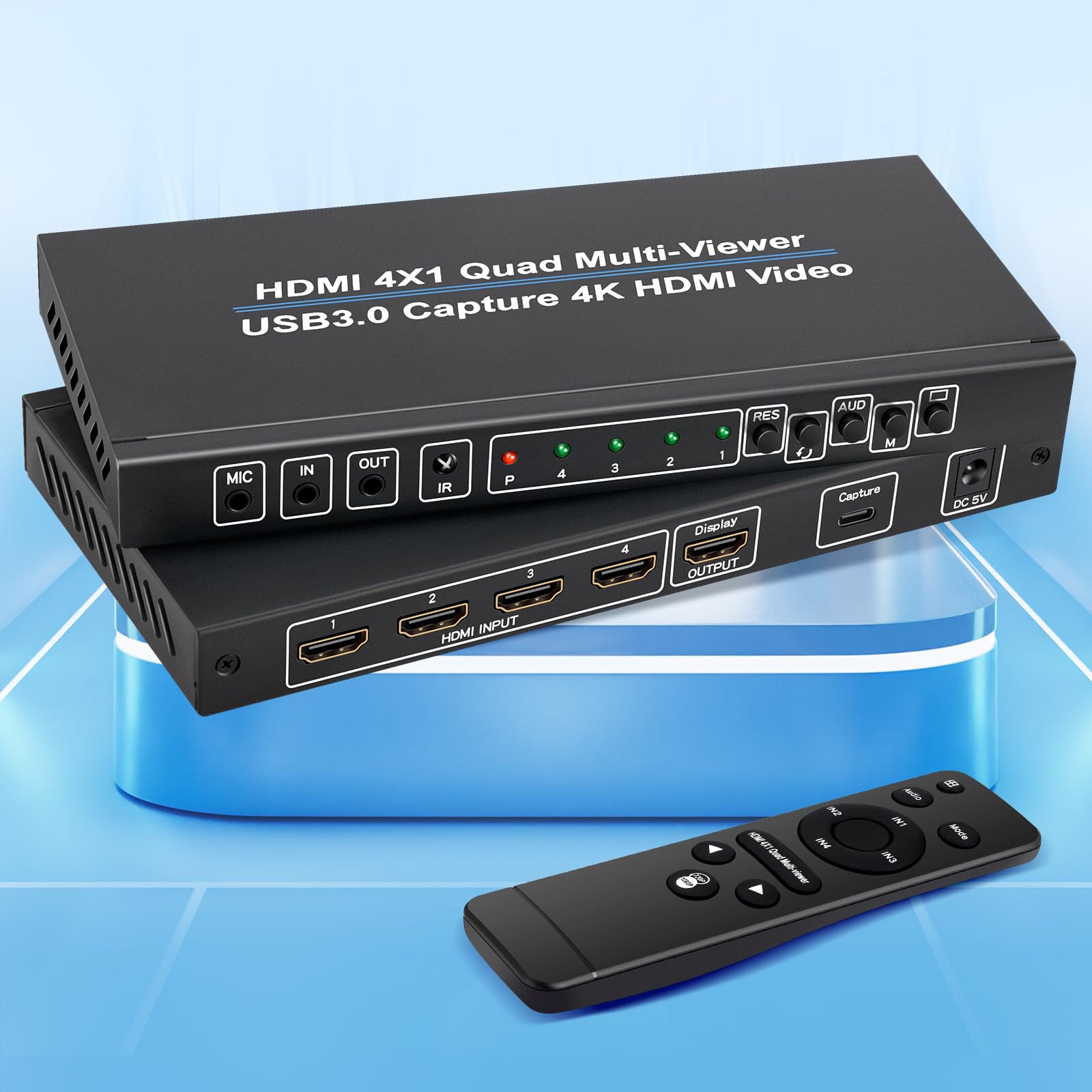 ACHAVE HDMI 4x1 Quad Multi-Viewer con acquisizione USB 3.0, convertitore video 4K, 10 modalità di visualizzazione, compatibile con live streaming, nero metallizzato