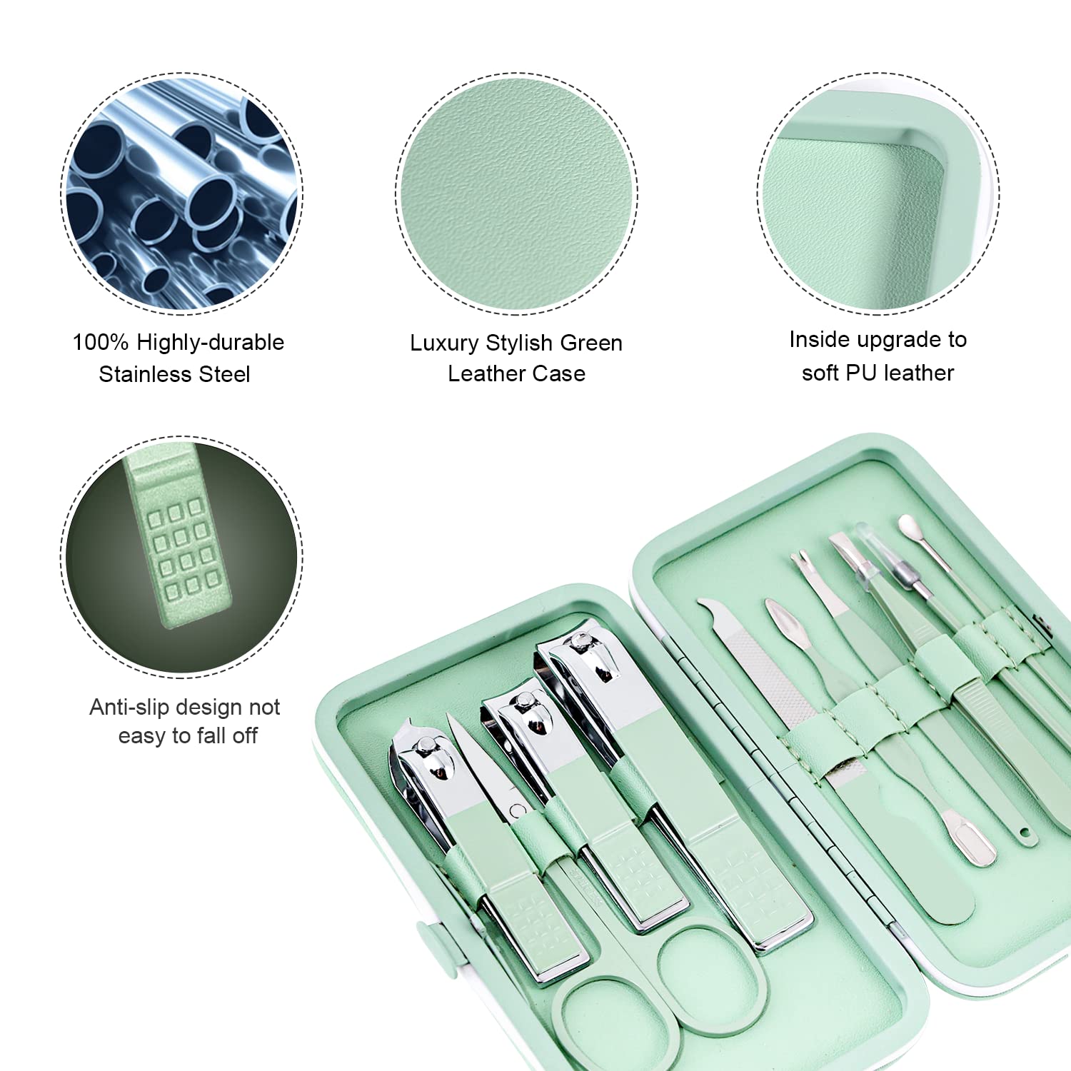 Kit Manucre Pedicure Mini, trousse de coupe-ongles de voyage, outils de soins de pédicure, trousse de toilettage en acier inoxydable 10pcs (Vert)