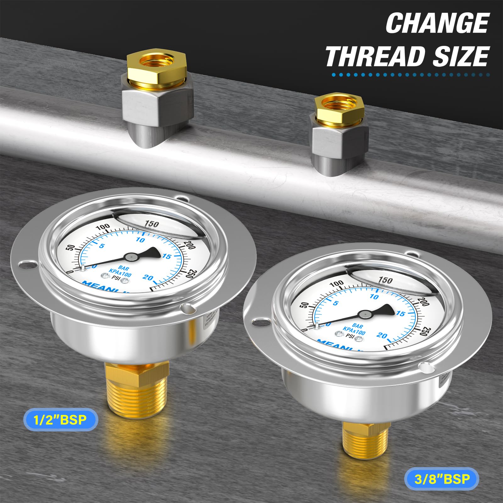 MEANLIN MEASURE 0~20BAR/300PSI Manomètre à liquide, montage sur panneau à bride avant, boîtier en acier inoxydable 1/4"BSP 2.5" FACE DIAL avec vis et écrou Phillips, +/-3-2-3%.