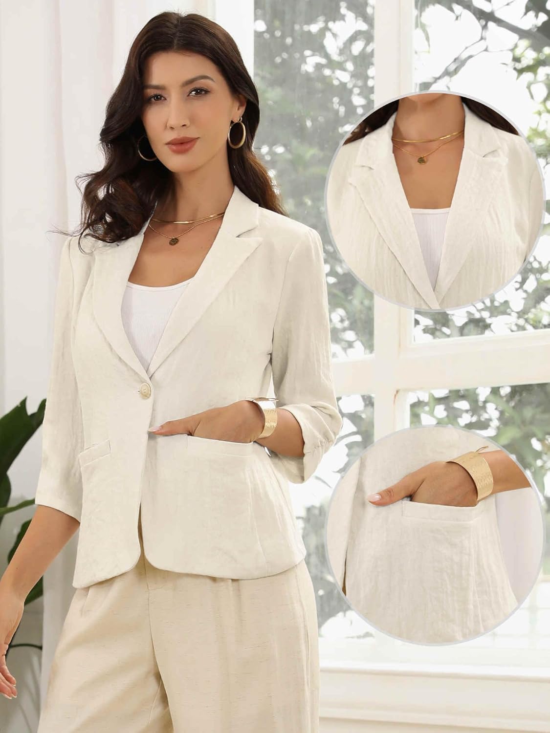 Allegra K Linen Blazer for Women's Notch Lapel 3/4 Sleeve Lightweight Casual Work Business Suit Jackets - Image 2