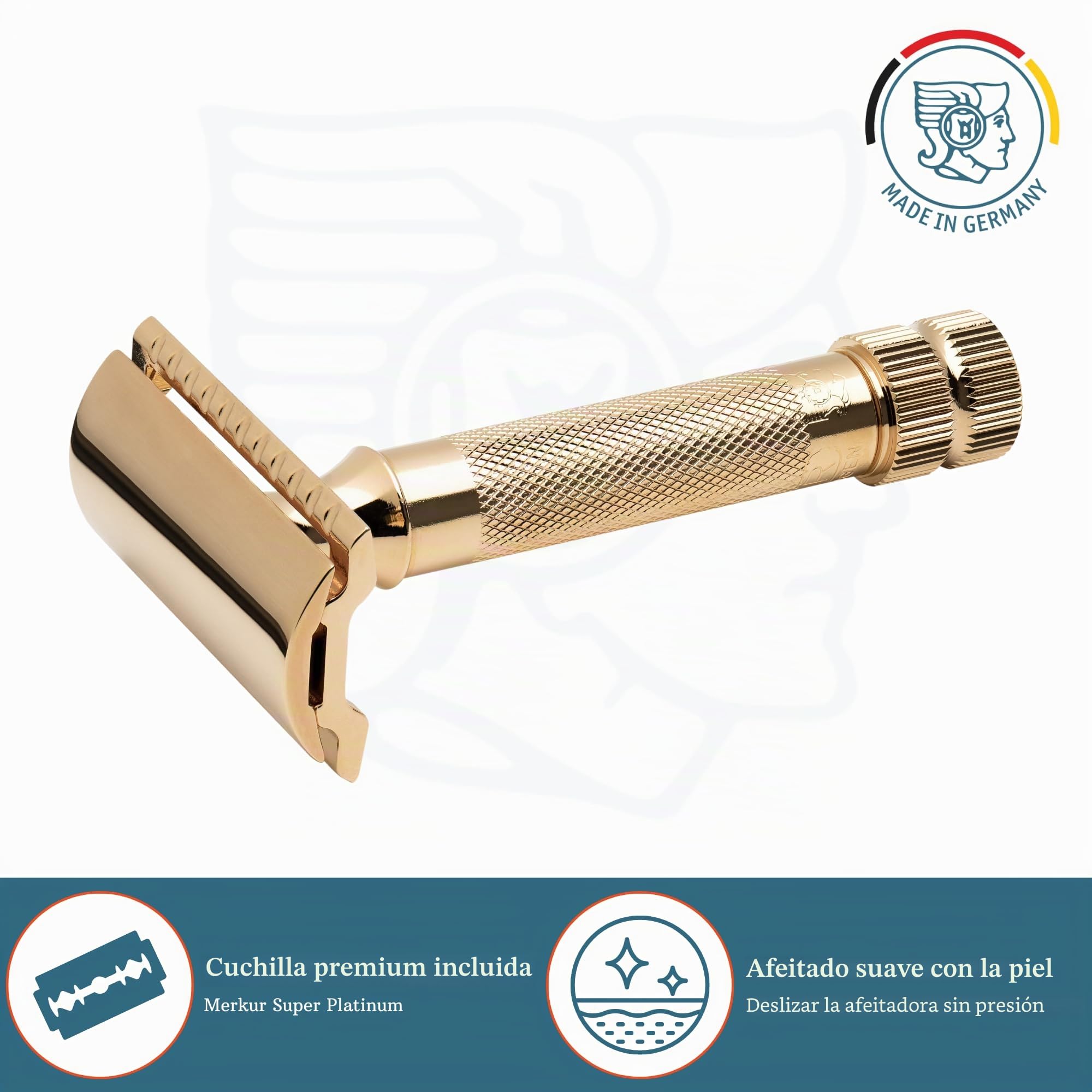 MERKUR Afeitadora de seguridad 34G | Mango compacto dorado brillante | Afeitadora de tres partes con corte recto | Peine cerrado | Ideal para afeitado húmedo | Zinc fundido a presión | Mango de latón
