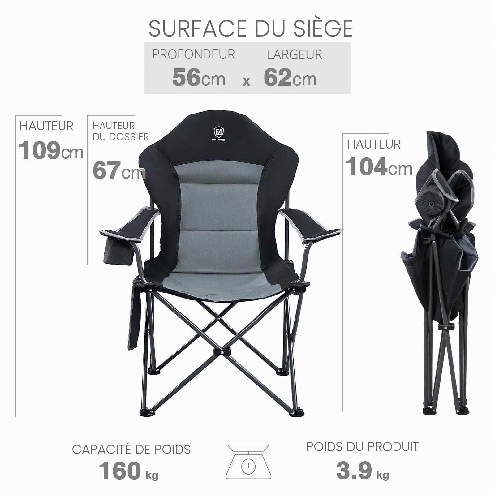 EVER ADVANCED Chaise de Camping Pliante 160KG Capacité de Charge avec Dossier Haut, avec Pochette Latérale et Porte-gobelet, Confortable Chaise Pliante pour Camping, Jardin, Balcon, Pêche, Plage