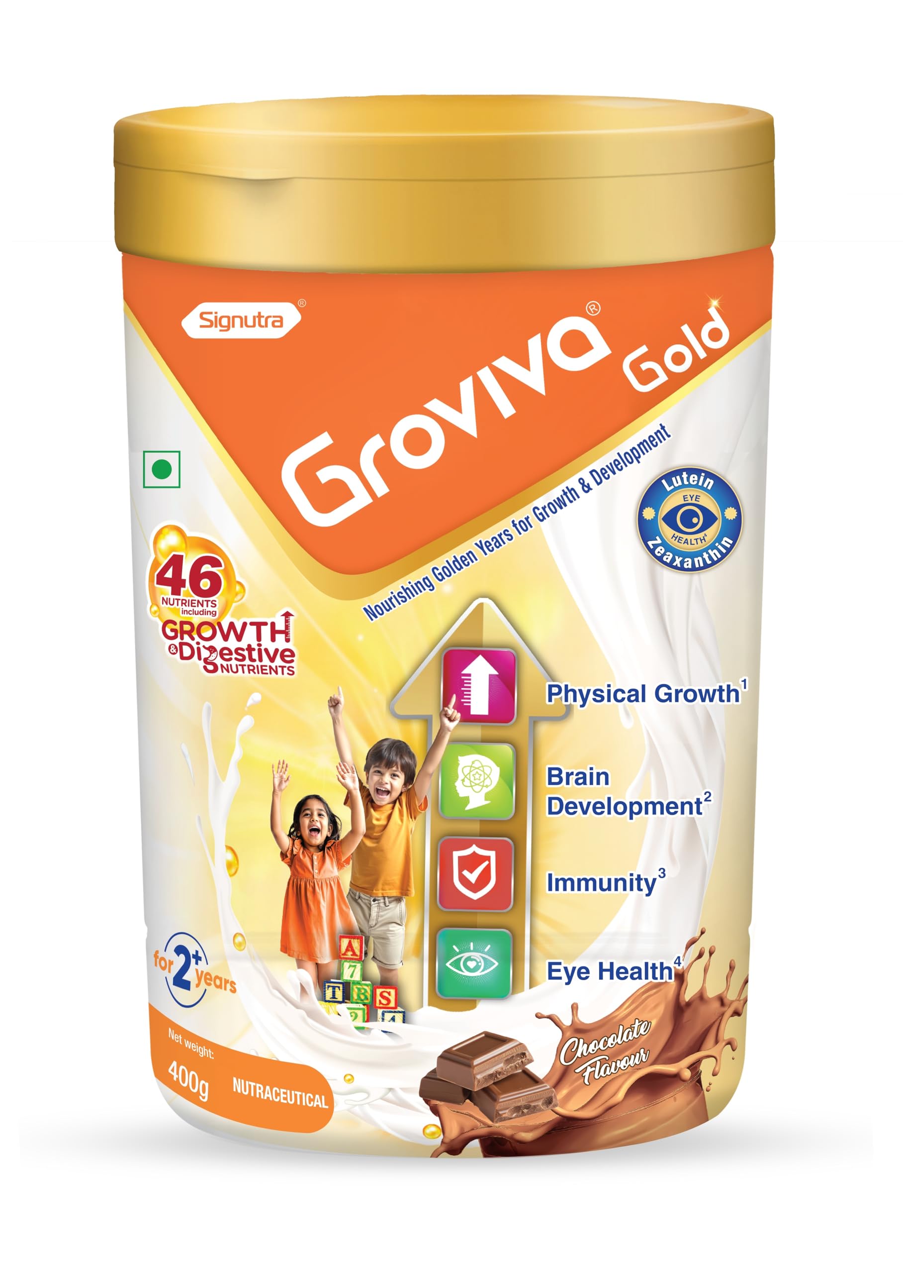 Groviva Gold Milk Protein Powder for Kids | 2-6 Years | 400g Chocolate Jar| 46 Nutrients | Growth & Digestive Nutrients | Supports Physical Growth, Brain Development, Immunity & Eye Health