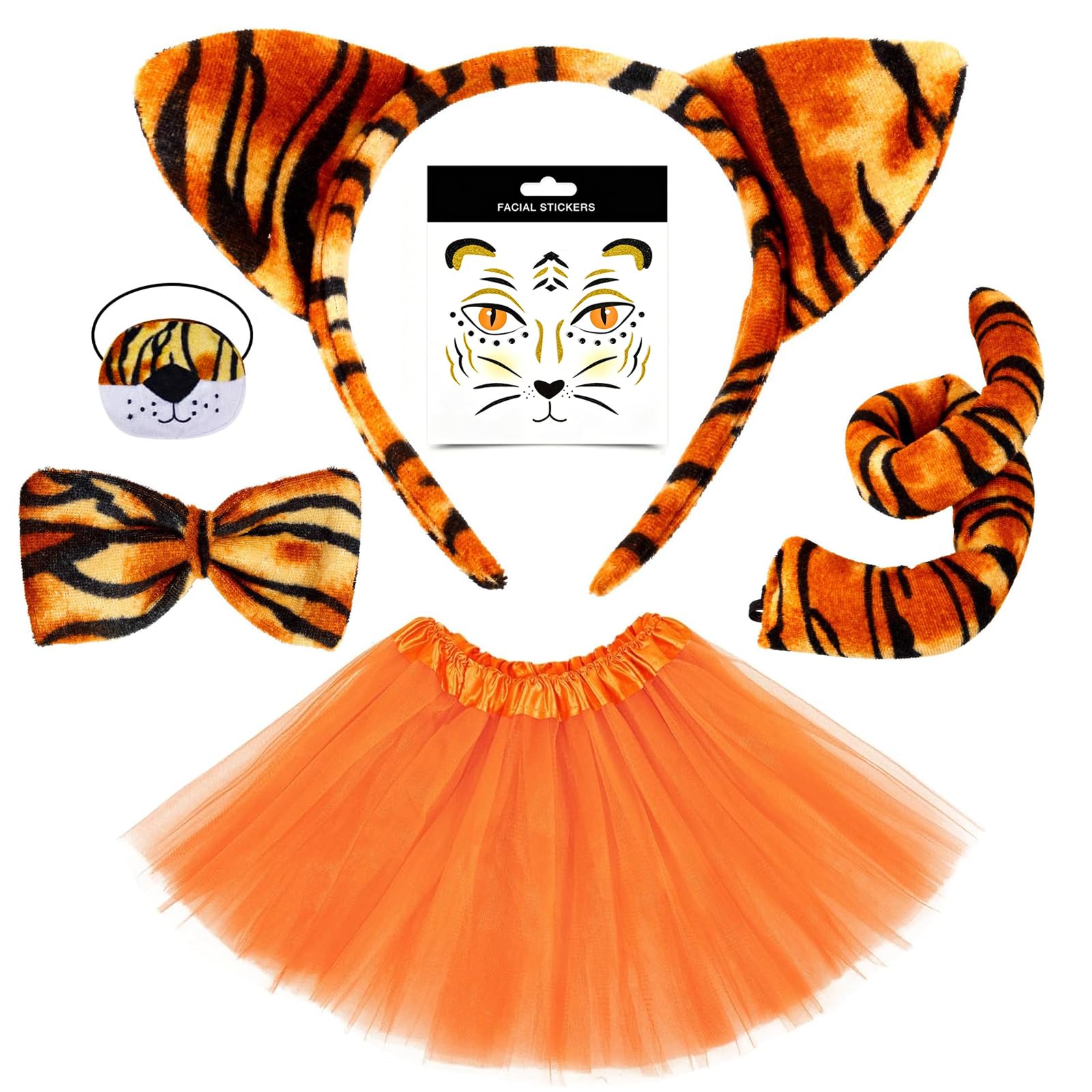 VorErgyllic Tiger Costume Set 6-Piece – Ears Headband, Bow Tie, Tail, Tutu Skirt Face Stickers Animal Fancy Dress Outfit for Women Carnival, Halloween & Jungle Theme Party Accessories
