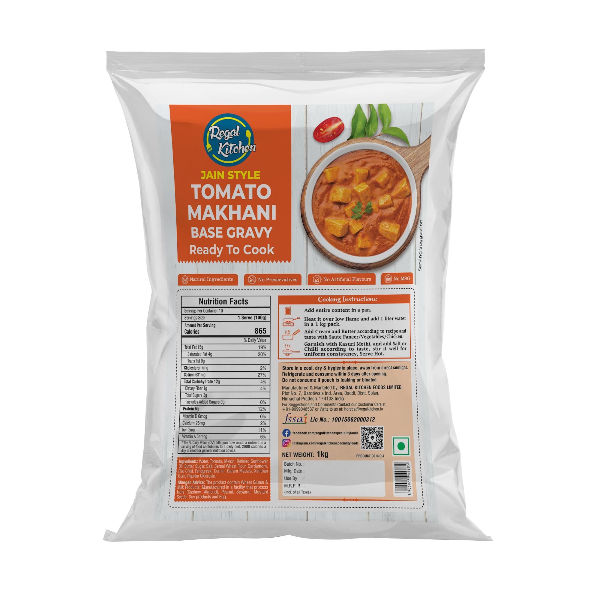 Regal Kitchen Desi Swaad Jain Style Tomato Makhani Base Gravy (Veg, 1Kg. Mix), Ready to Cook Gravy Paste, Instant Food Mix, No Artificial Colour, No Preservatives (B0C394WF6B) Amazon Price History, Amazon Price Tracker