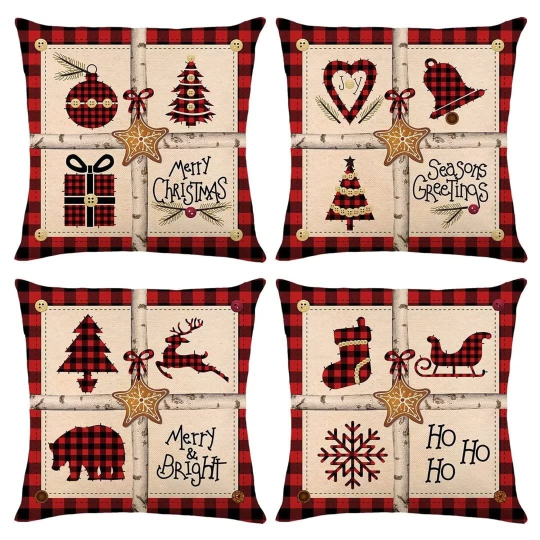 Housse de coussin Noël 40x40 lot de 4 en lin taie oreiller CH-1732