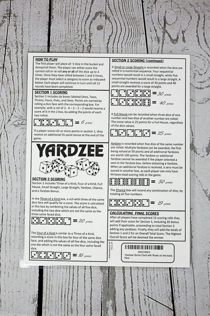 3 Yardzee Score Cards. Laminated Score Cards with Rules on The Back, Yard Games, Outdoor Games, Outdoor Events. Reusable Score Cards. Size- 8.5" x 11"