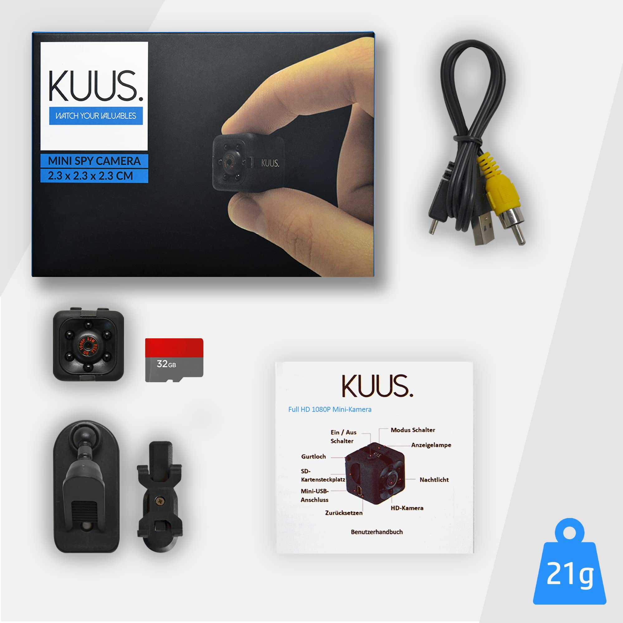KUUS.® C1 Mini Überwachungskamera 2,3 cm | Kamera überwachung innen mit Nachtsicht & Bewegungsmelder | Full HD 1080P Micro Camera ohne WLAN mit aufzeichnung 32-GB SD Speicherkarte für Innen