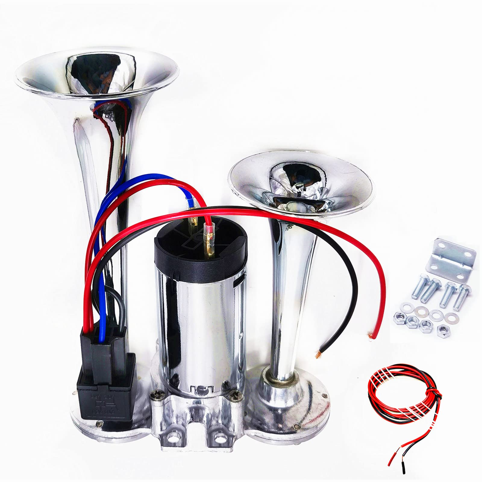Klaxon Électrique 12V Double Tube 165db - Trompettes Haut et Bas Ton Argent Étanche pour Voiture, Camion, Bateau, Moto