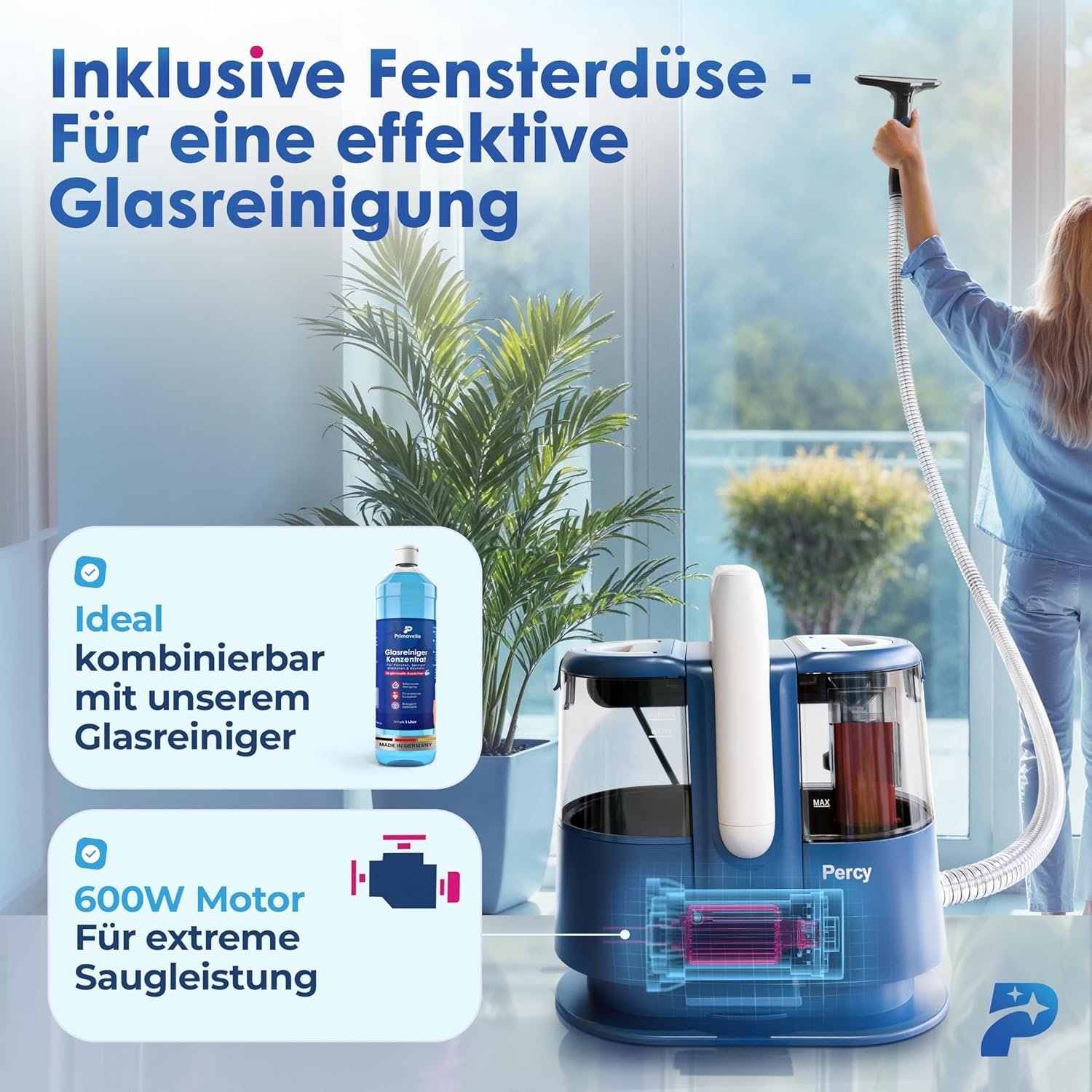 Primavella ​– Nass-/Trockenstaubsauger ​– 600 ​Watt, 1,5-Liter-Behälter ​– Polsterreinigungsgerät ​+ 4 ​Aufsätze für Sofa, Teppich, Auto, Polstermöbel