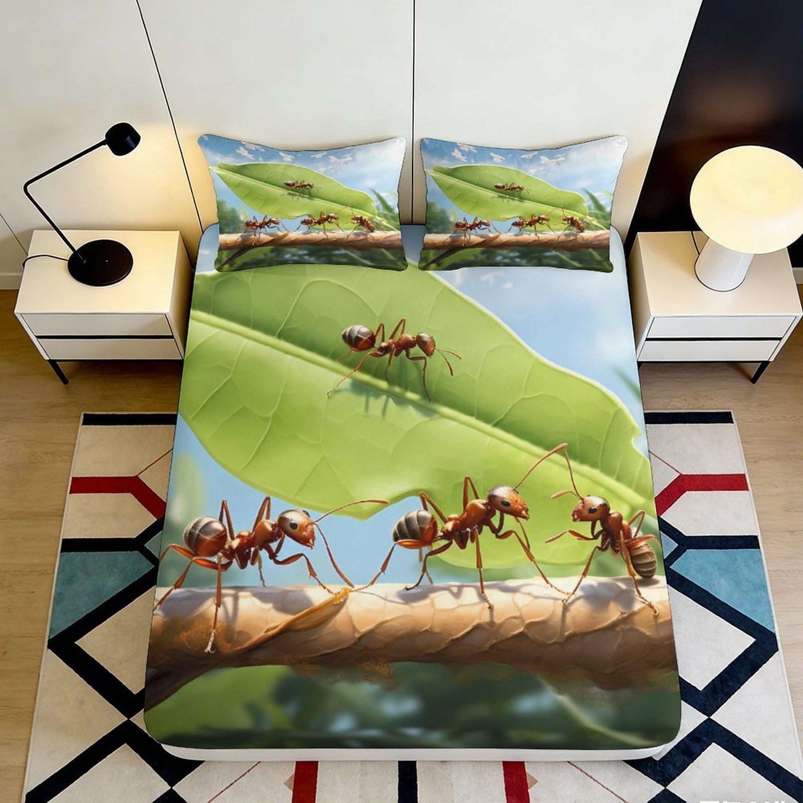 3D Printed Realistic Ant Leaf Fitted Sheet Microfiber Soft Mattress Cover for Bedroom Dorm Guest Room Decor 90x200x25cm