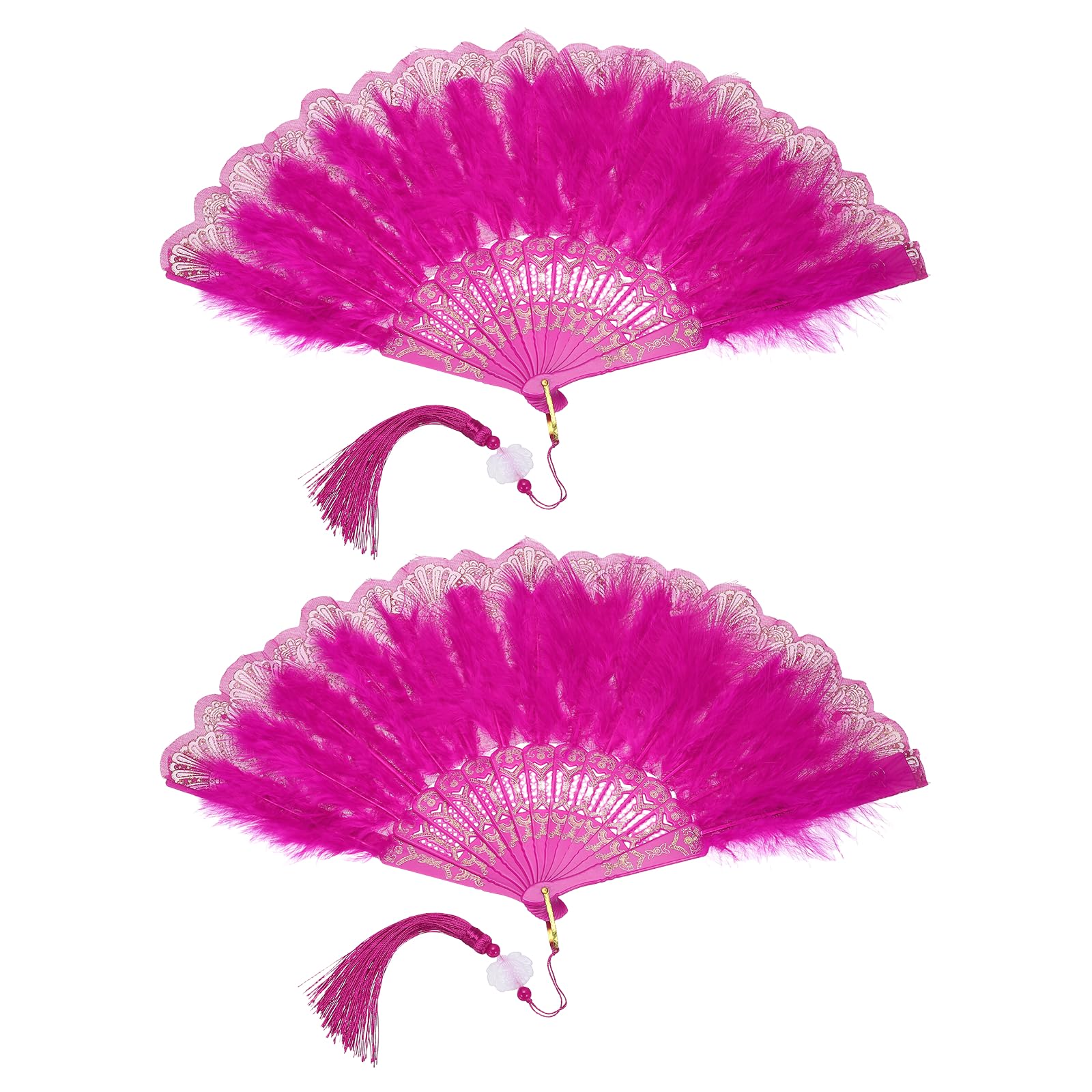 sourcing map 2 Pcs Vintage Folding Fan, Embroidered Flower Marabou Feather Fans 20s Vintage Style Handheld Folding Fan for Dancing Wedding Show Party Tea Party Occasions, Rose Red(Polyester)