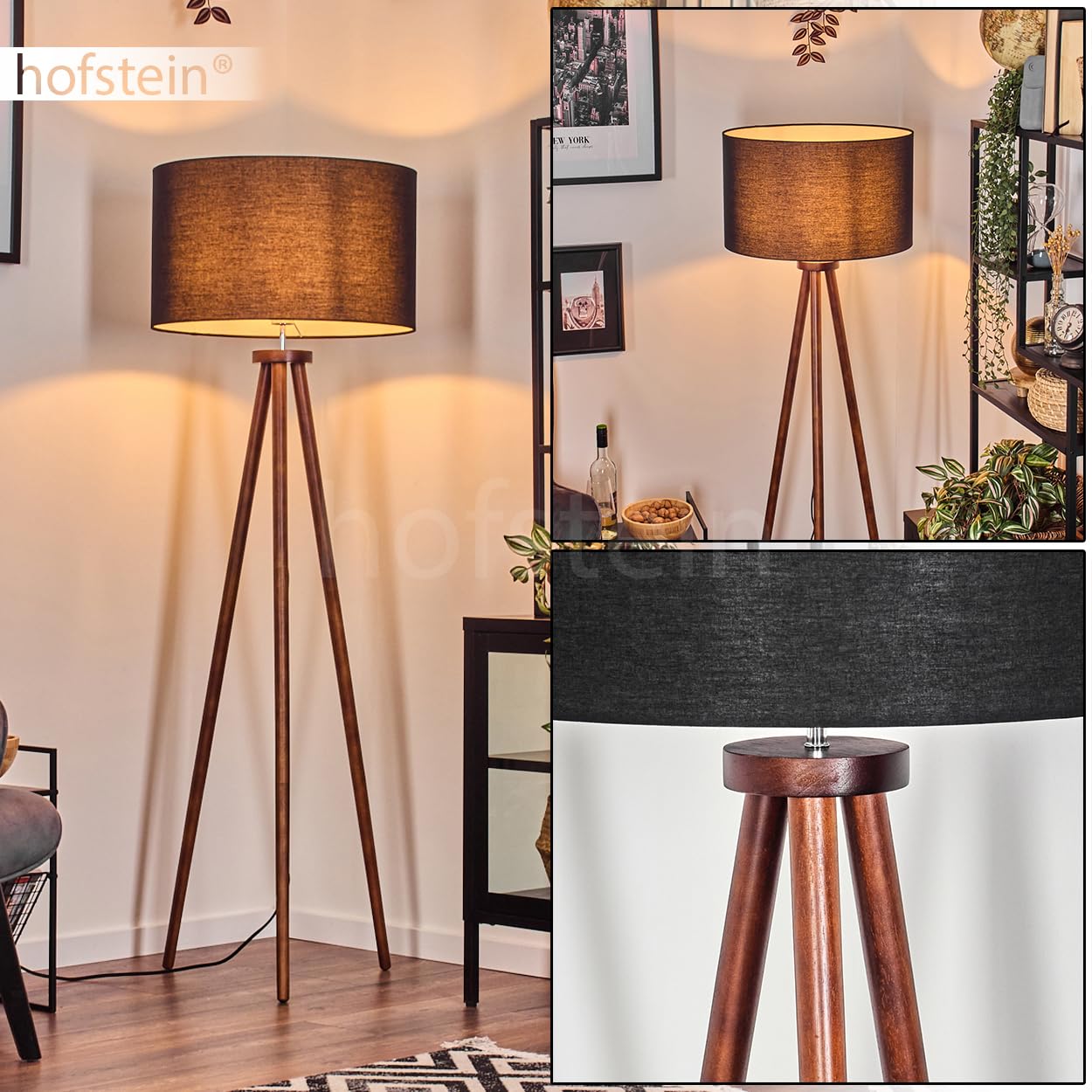 Stehleuchte Flemming, Stehlampe aus Holz/Stoff in Dunkelbraun/Schwarz/Weiß, Leuchte im skandinavischen Design mit rundem Schirm (Ø 50 cm) u. Fußschalter, Höhe 155 cm, 1 x E27, ohne Leuchtmittel