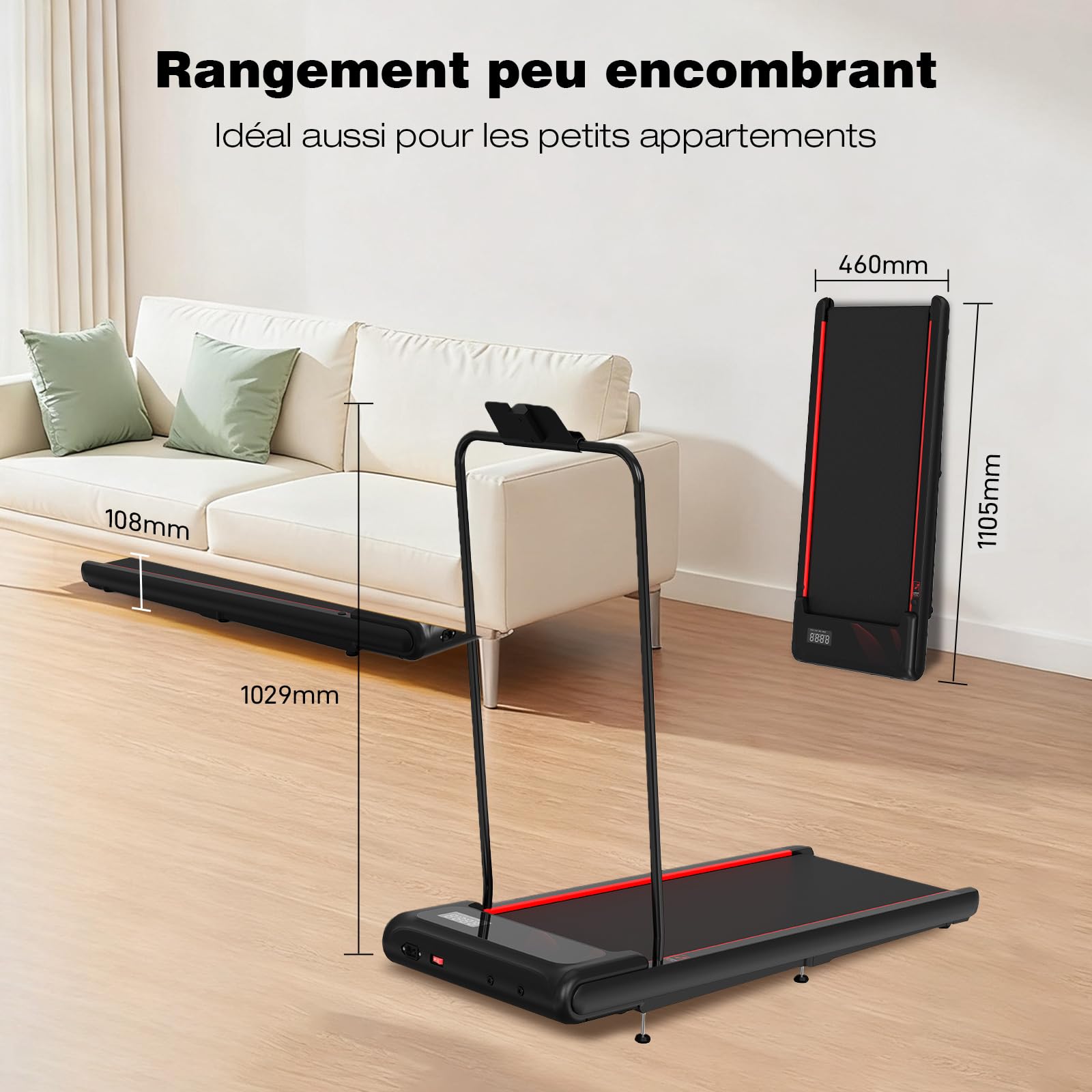 Tapis de Course, Tapis de Course Compact avec Poignée Amovible, Walking Pad 3 Niveaux Inclinaison (Black)