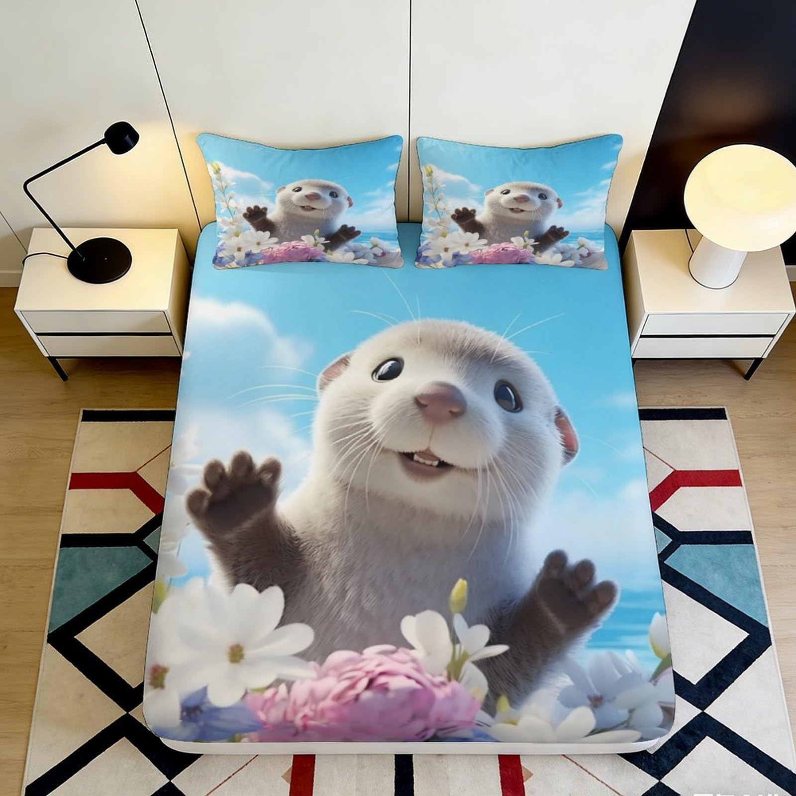 3D Printed Cute Otter Fitted Sheet Microfiber Floral Cartoon Mattress Cover Soft Anti-Slip Bedroom Decor for Home Dorm Guest Room 160x200x25cm
