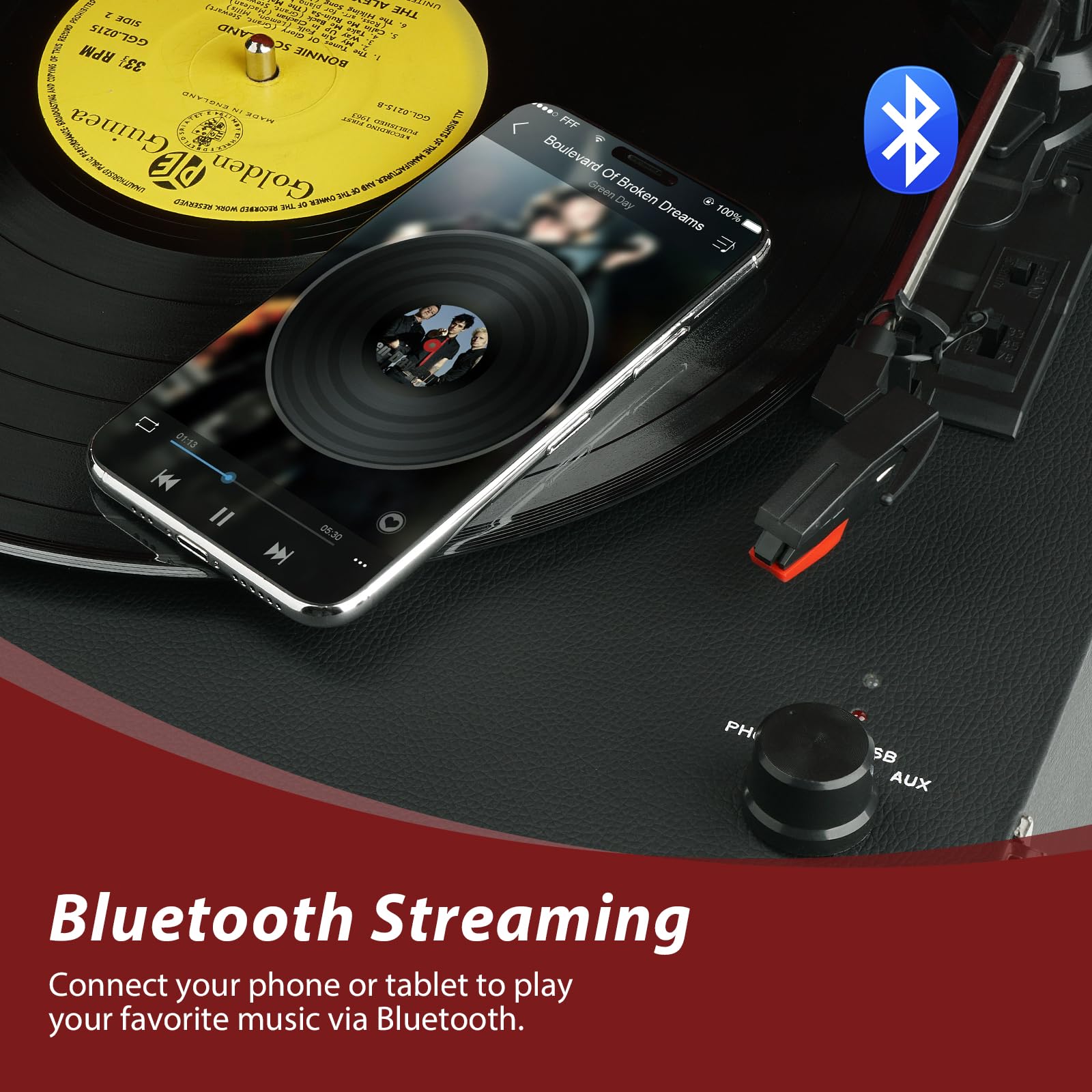 Giradischi Bluetooth 3 Velocità con Altoparlanti Integrati e Gambe Staccabili, Riproduzione USB, Nero