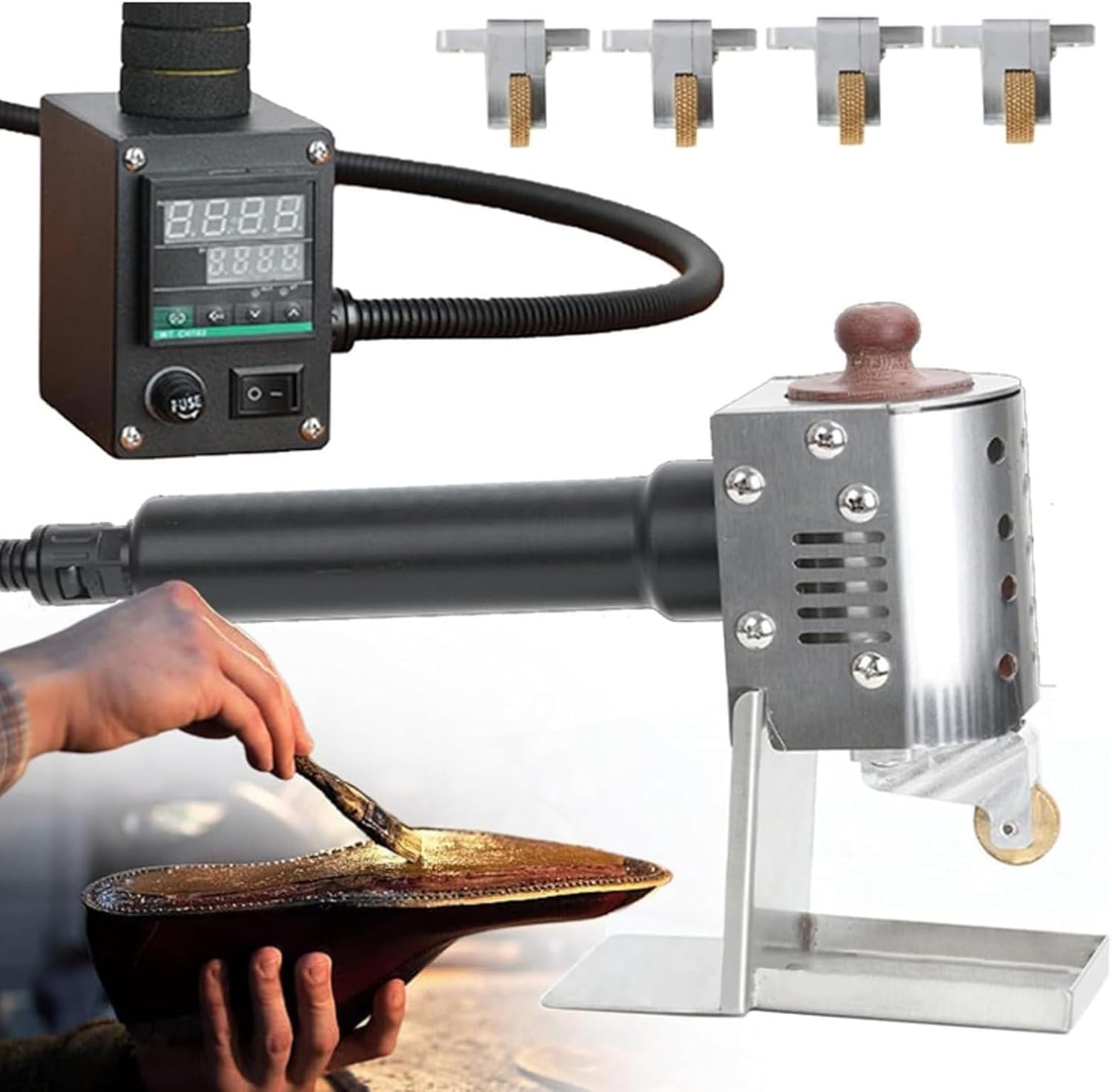 Commercial Gluing Machine, Hot Melt Glue Roller Dispenser for Fabric Packaging Leather Bonding, Adjustable Temp 50-220℃, Industrial Glue Applicator, with 4 Types of Glue Applicators 150ML
