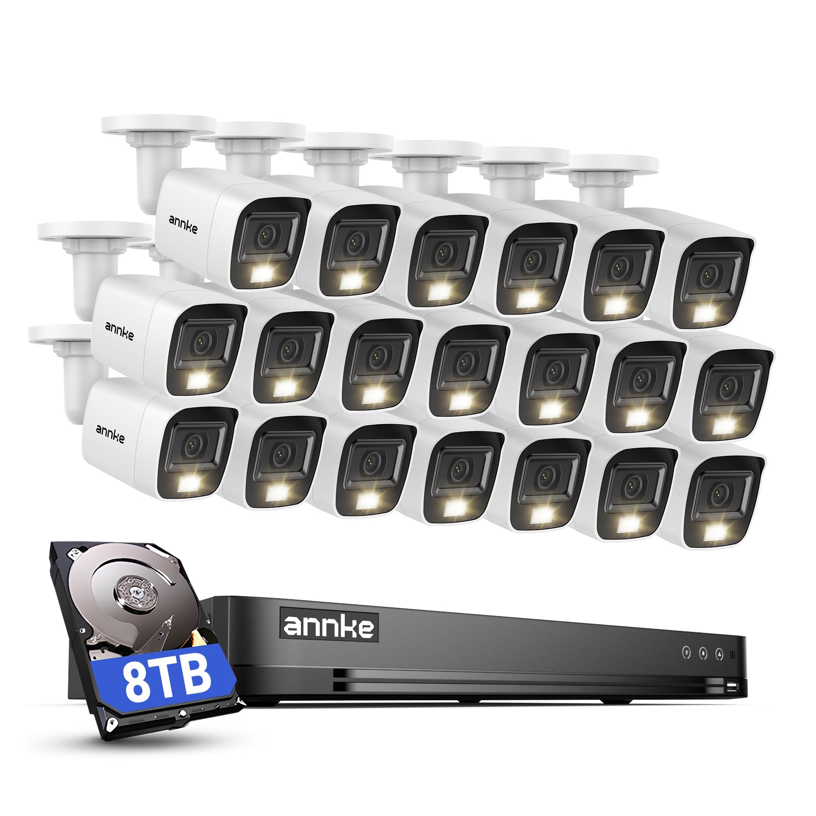 ANNKE 32-kanałowy rejestrator 3K Lite DVR z funkcją rozpoznawania ruchu AI i dyskiem twardym 8 TB, analogowa kamera bezpieczeństwa 20 x 1080p z inteligentnym noktowizorem kolorów, IP67 przewodowa