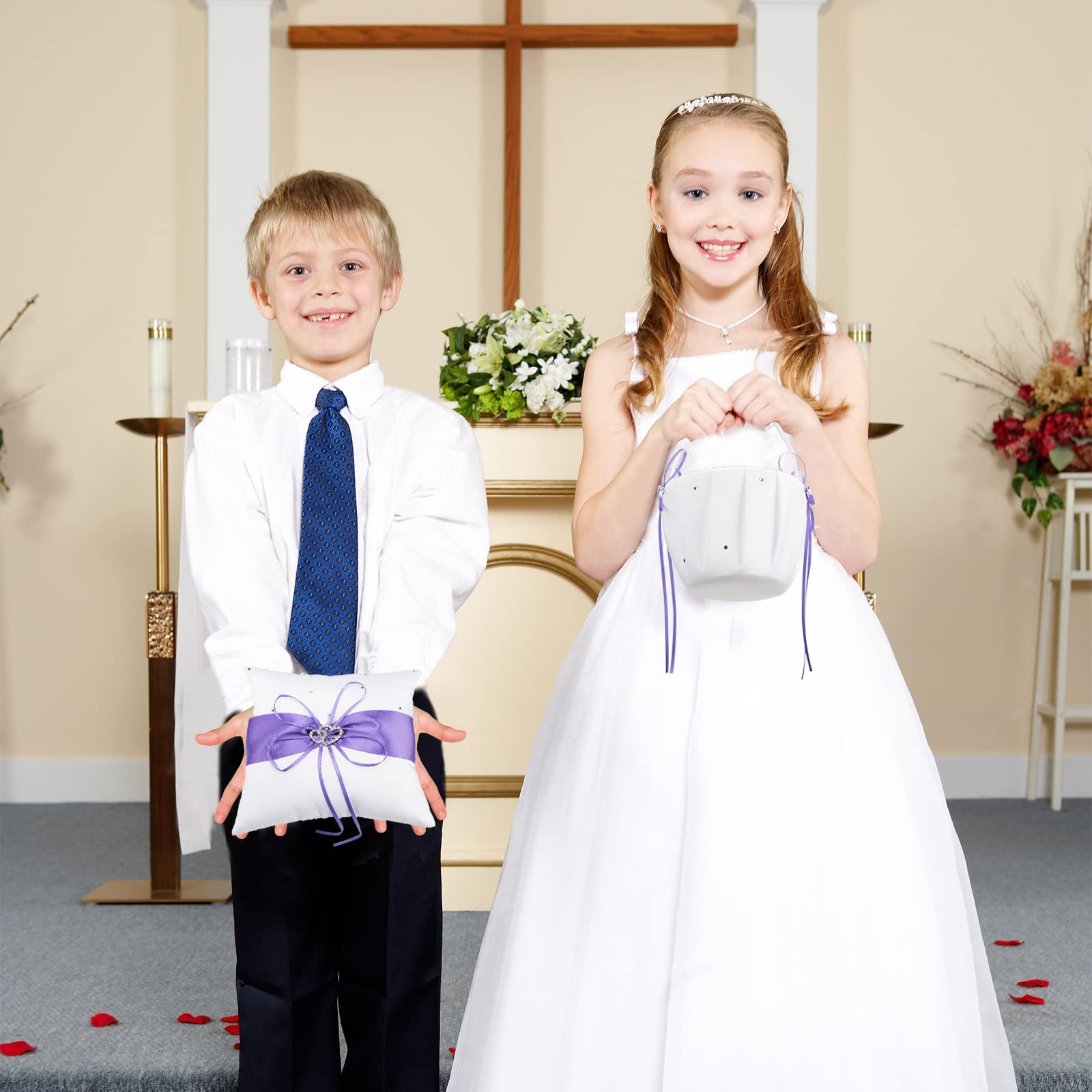 Almohada portadora de anillos de boda y cesta de niña de flores, cesta de pétalos de satén con diamantes de imitación para propuesta, compromiso, ceremonia de boda