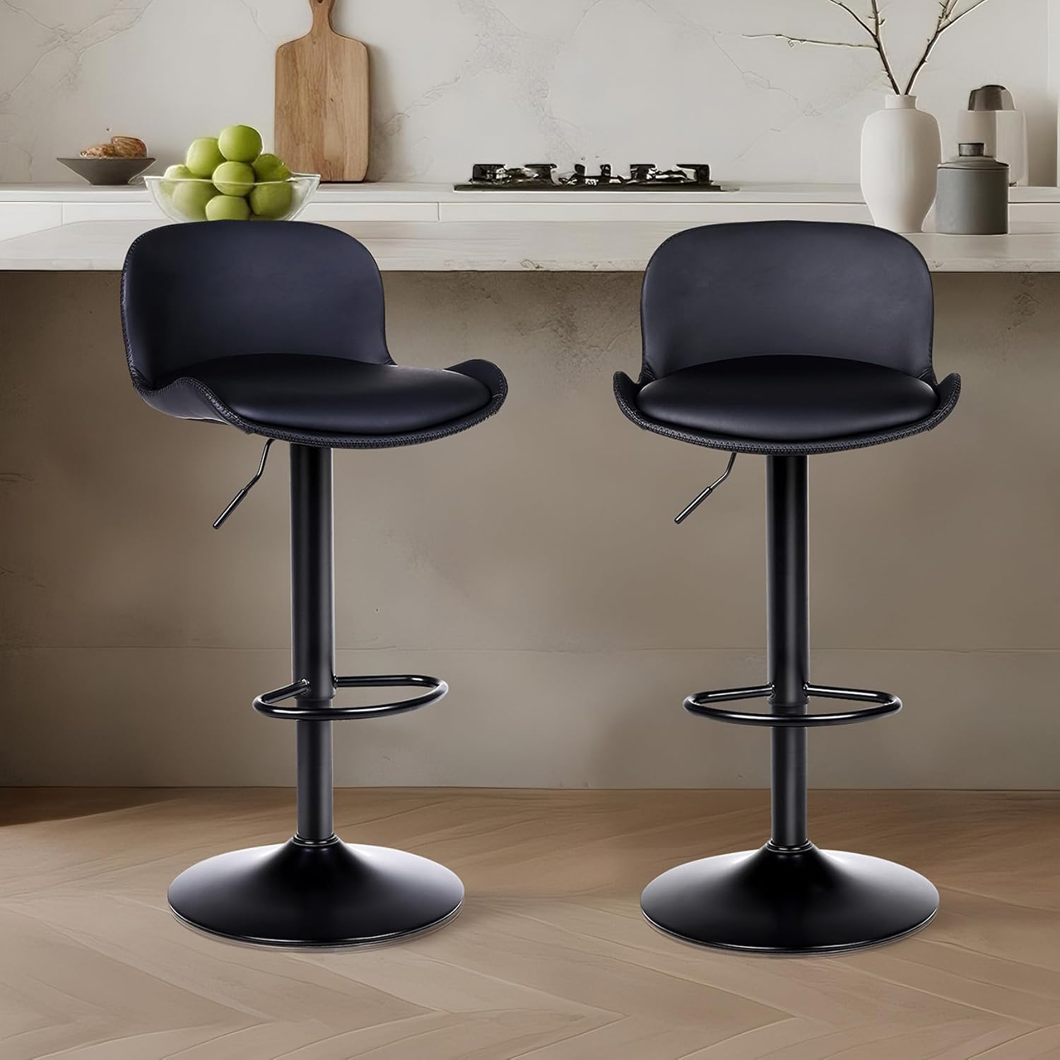 ralex-chair Bar Stools Set of 2, Adjustable-Height Leather Swivel Stools — Cat Scratch Resistant, Modern Counter Barstools with Backrest & Footrest for Kitchen Island & Dining Room - Black Black set of 2