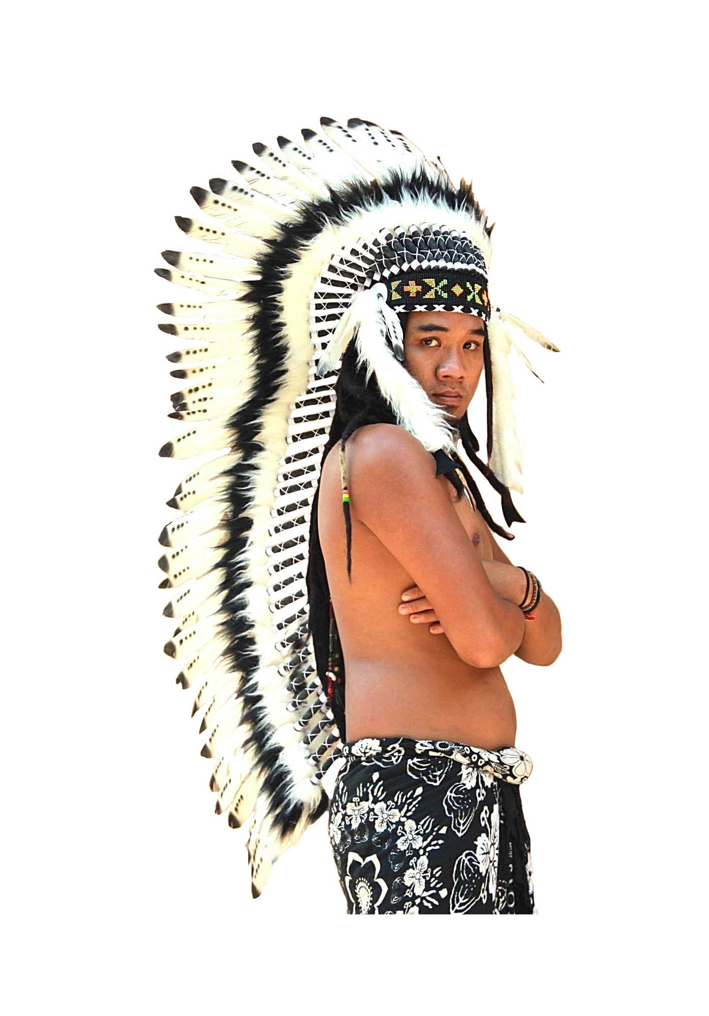 OMA Indian Inspired Headdress Native American Style Feather Headdress - XL SIZE-36 L - REAL FEATHERS BRAND (Black)