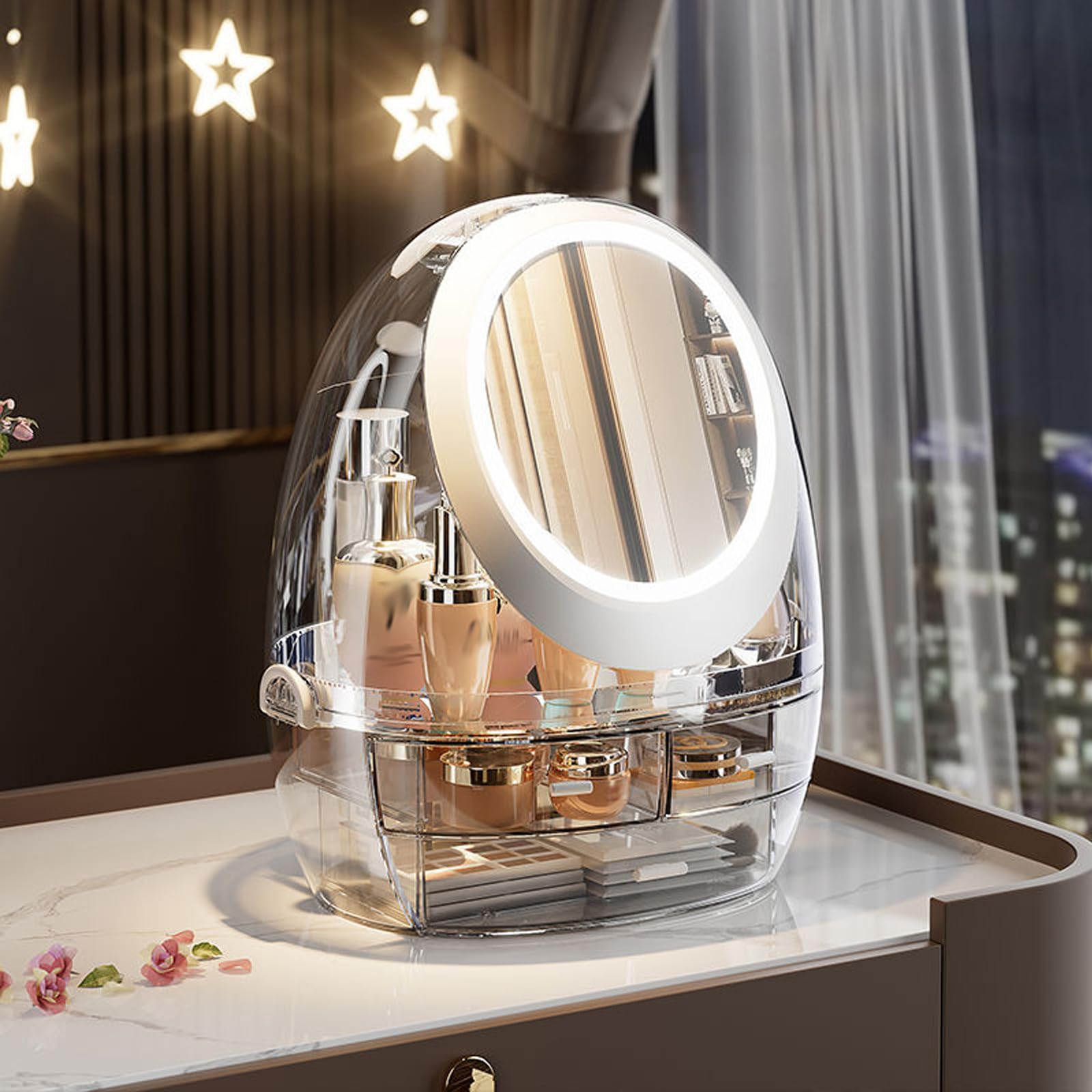 Organizzatore di trucco, organizzatore di cura della pelle con cassetti e coperchio trasparente, espositore di cosmetici per l'organizzatore di vanità e lo stoccaggio del piano di lavoro del b