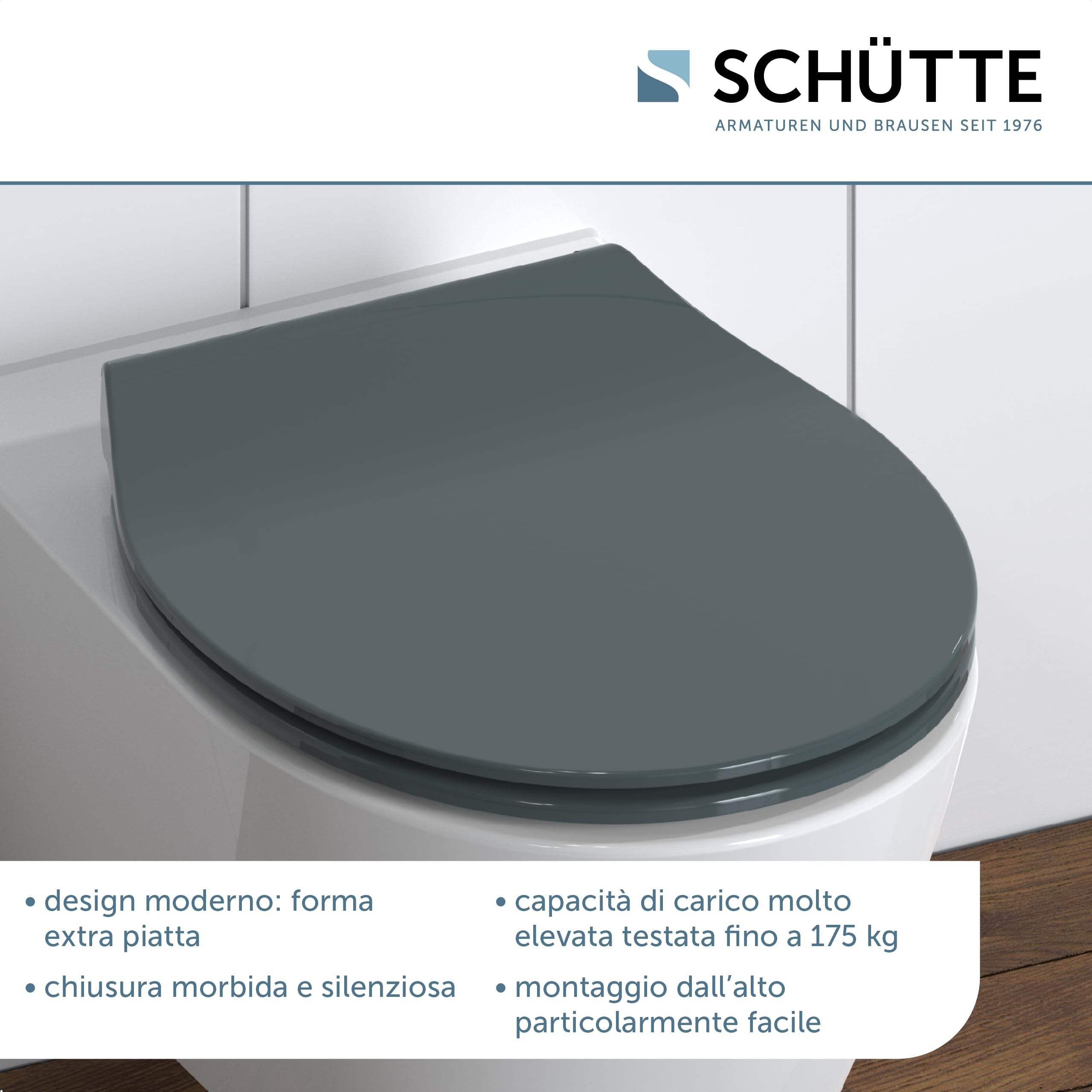 Schütte 82704 Sedile WC Slim con abbassamento Automatico, con Chiusura Rapida, Sottile, Colore: Grigio, Antracite