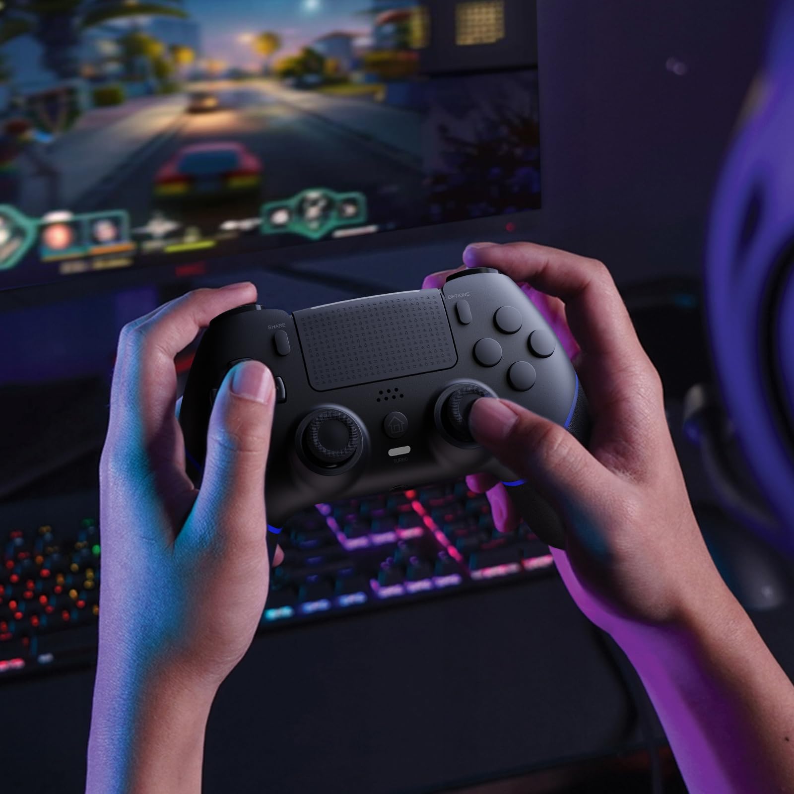 CHEREEKI Manette pour PS4 avec Bluetooth, Manette sans Fil PS4 avec Joystick Hall/Macro Bouton Programmation/Turbo/Double Vibration/Haut-Parleurs et Prise Casque, 1000mAh, Noir