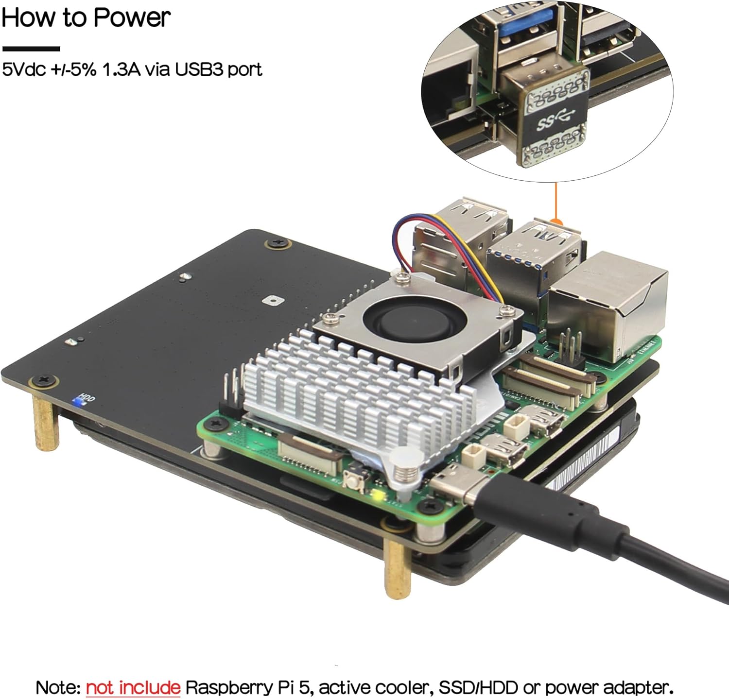 Close-up of the Raspberry Pi 5 with the X1100 shield, showing the USB3 port where power is supplied.