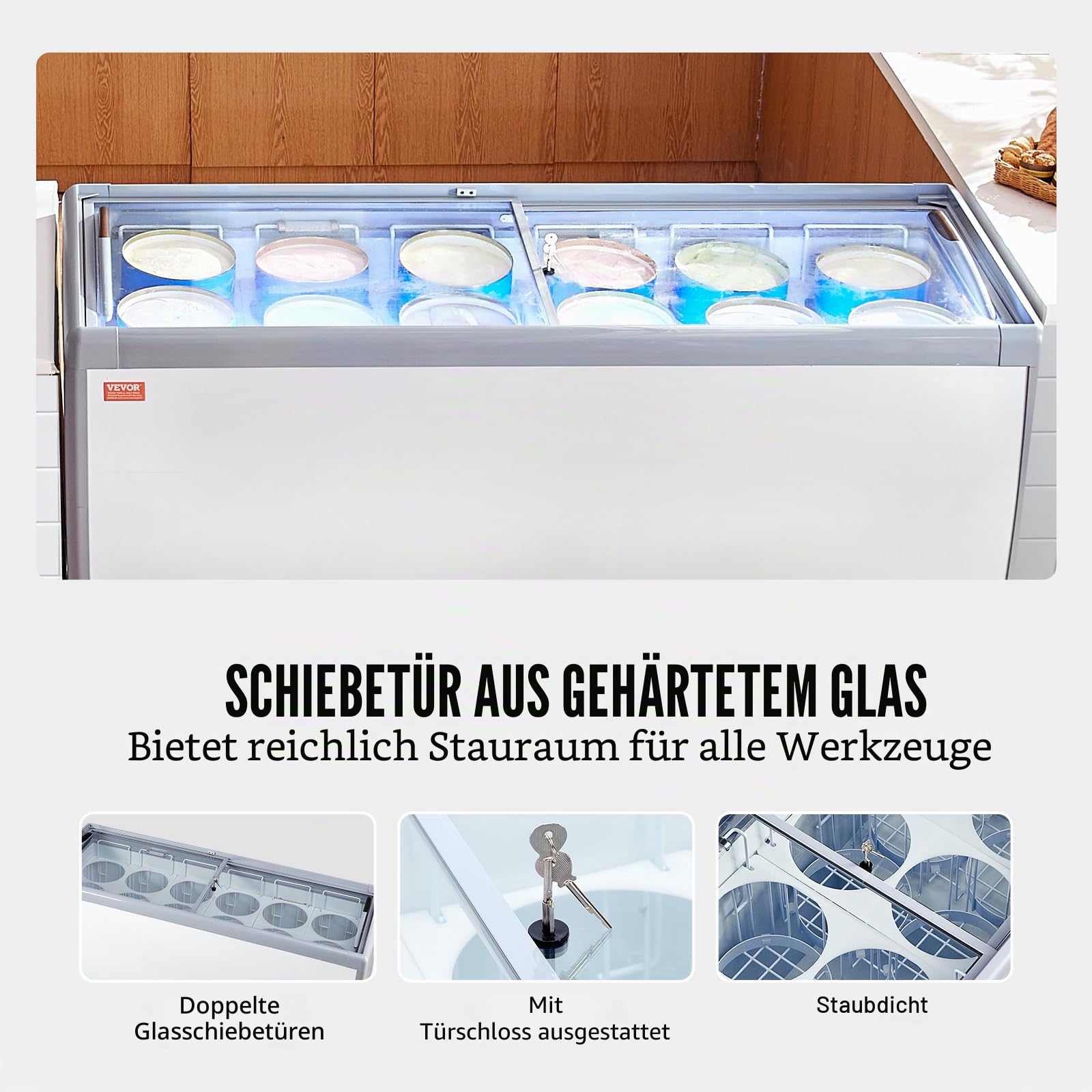 VEVOR Kommerzielle Eiscreme-Vitrine, 567 L Gefriertruhe, Mobiler Tiefkühlschrank mit Glasplatte, Restaurant-Gelato-Tauchschrank mit 12 Großen Behältern, 2 Glasschiebetüren, Feststellrollen, Weiß