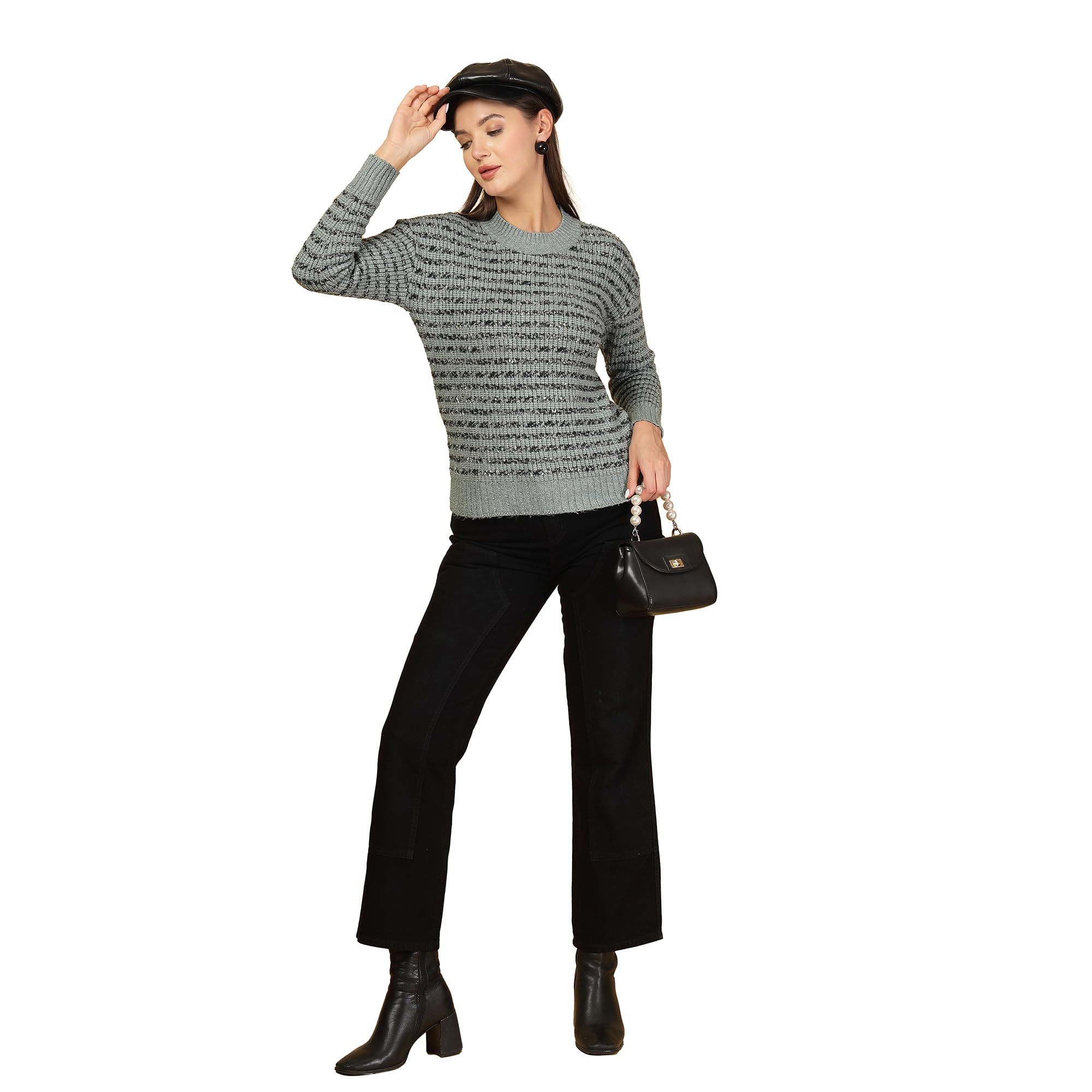 Women Striped Round Neck Winterwear Pullover Sweater Teal_T5W 25310-image-15