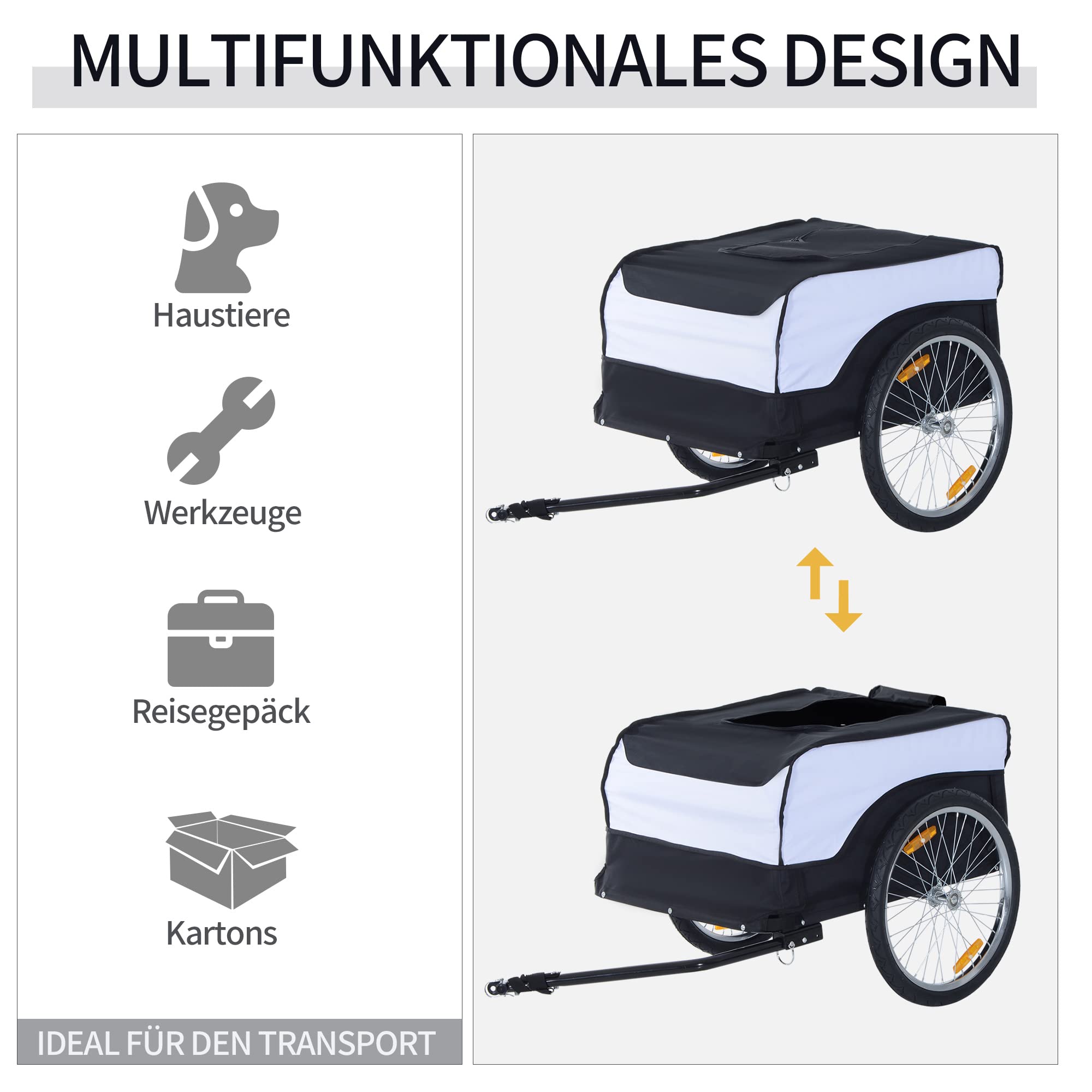 HOMCOM transportaanhanger bakaanhanger fietsaccessoires bakfietsaanhanger fietsaanhanger CargoTrailer (wit-zwart