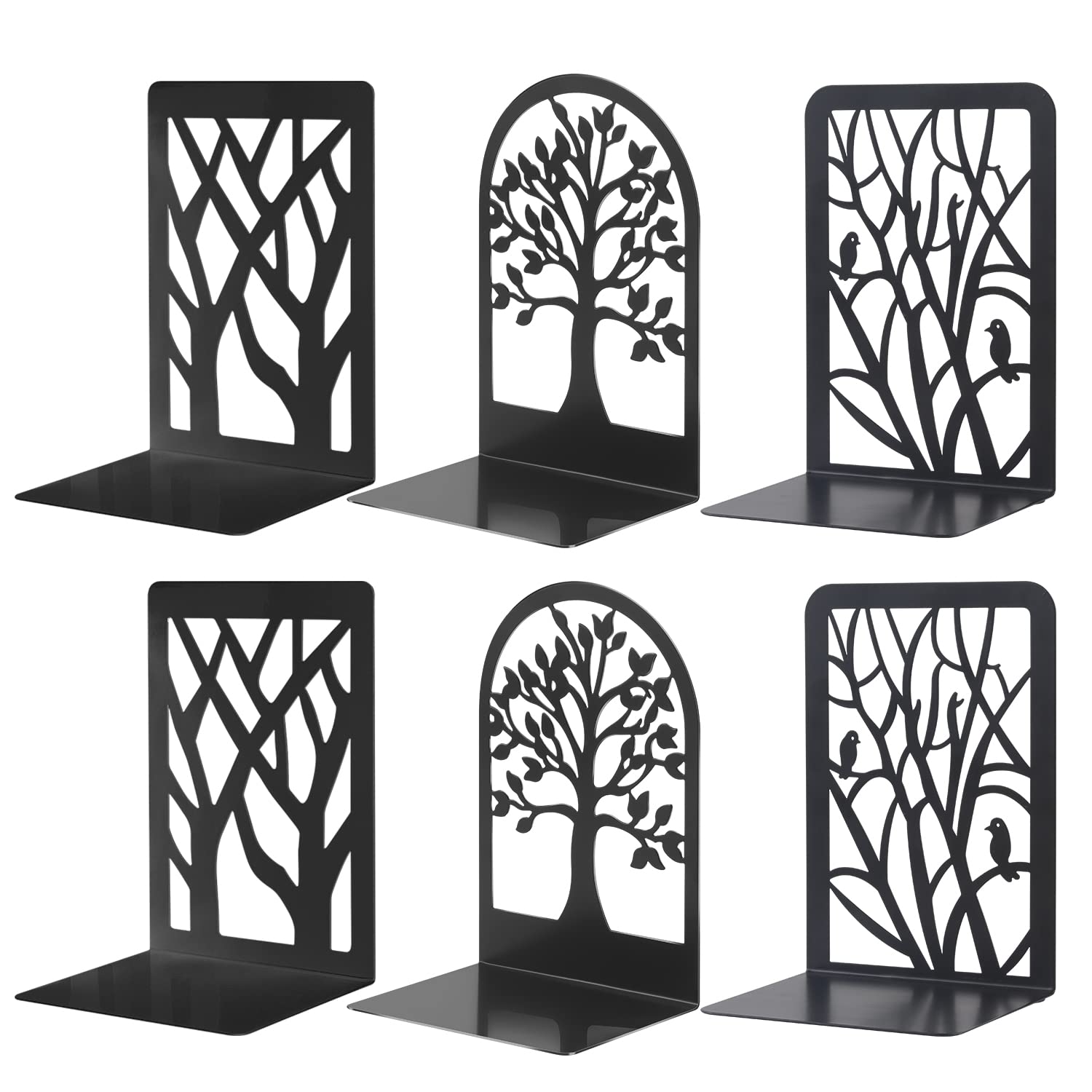 3Pairs Metal Bookends - Tree Shadow Design, Fortune Tree and Resting Bird Design, Decorative Black Book Ends