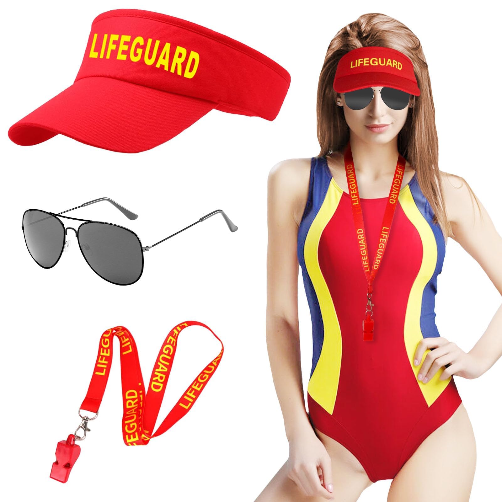 Lrrtdepy Life Guard Costume Accessories, Beach Costume Set Include Sunglasses Red Lifeguard Hat Whistle with Lanyard Fancy Dress for Men Women Pool Party Theme Party Halloween Cosplay(Style 2)
