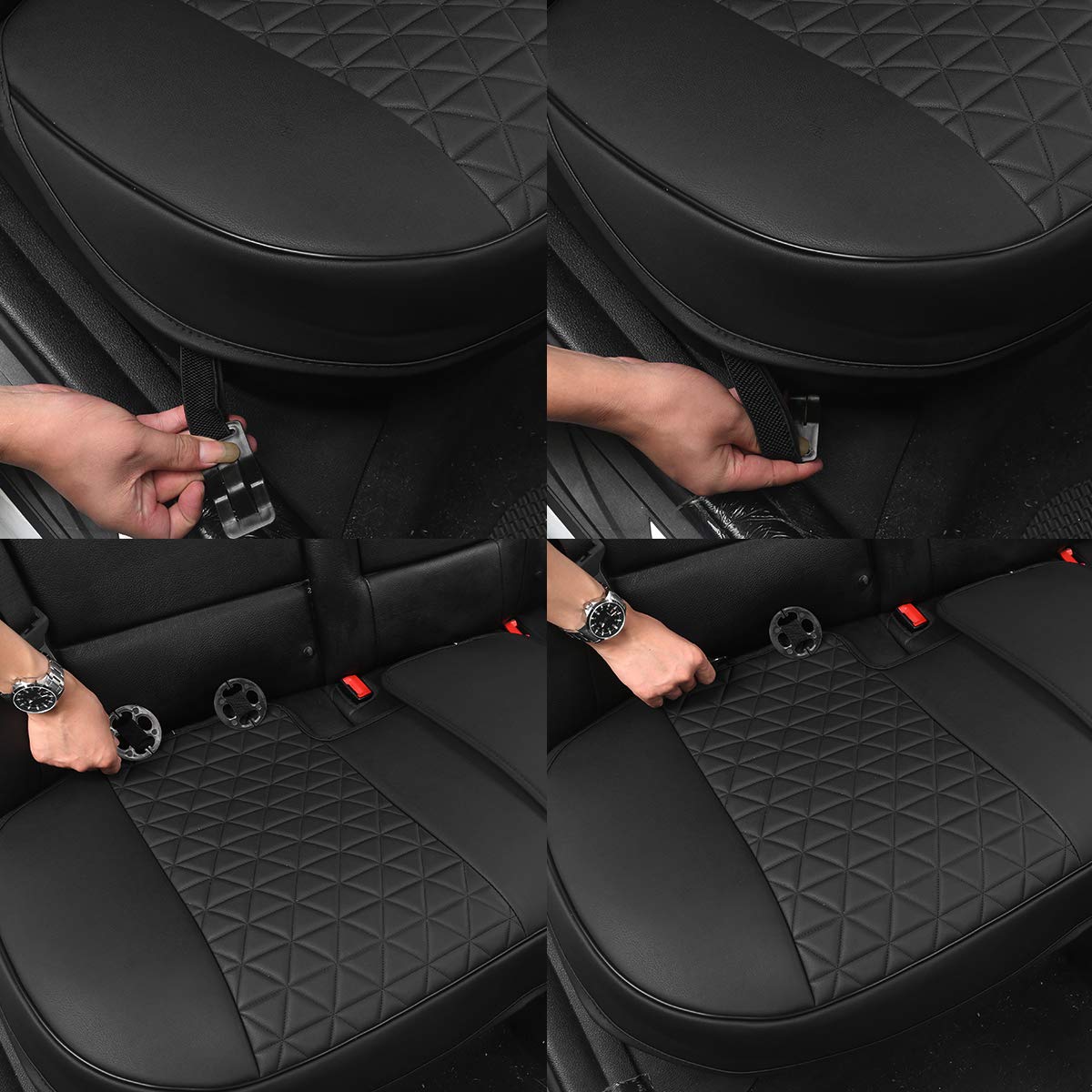 Black Panther PU-Leder Sitzauflage Auto Rückbank, passend für 90% Aller 4-türigen Autos, dreieckig gesteppt – Schwarz