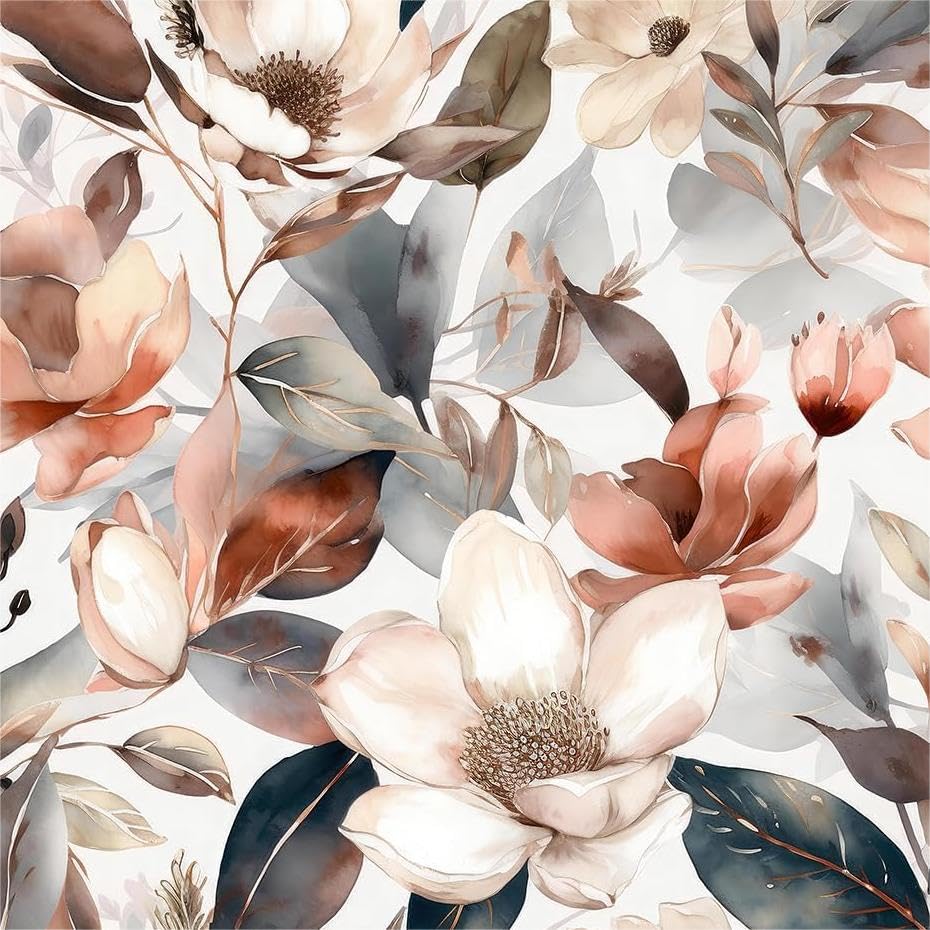MuralPeel Vintage Boho Orange Magnolia Flowers Brozen Floral Ink Blue Leaf Peel and Stick Wallpaper Self Adhesive Removable Easy Peel Off Contact