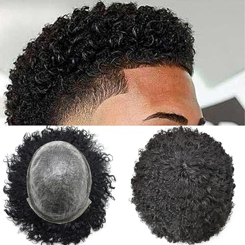 Peluca de cabello humano afro rizado para hombres negros, 8 x 10 pulgadas, totalmente poliafroamericano, con piel sintética inyectada, rizada, súper