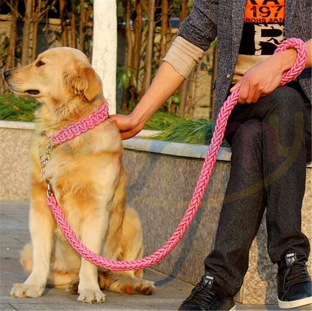 Dog Leash, Heavy Duty Adjustable Dog Martingale Braided Collar, Strong Metal Pull Hook Anti-Twist Pet Walking Leash Training Lead, Solid Hand Crafted Rope for Medium Large Breeds (L, Pink)