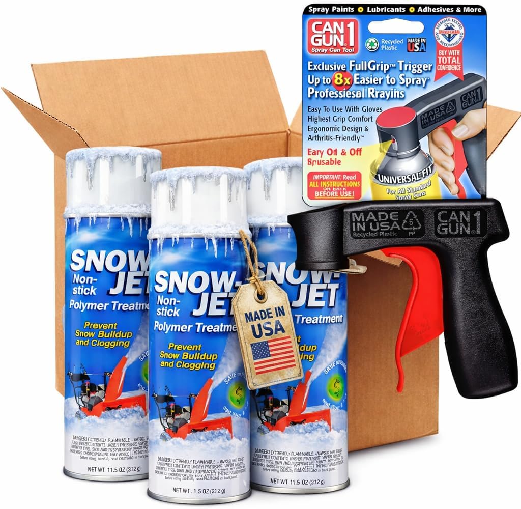 Jet Snowblower Spray with CanGun – A Durable Polymer Coating for Chute, Equipment Surfaces, Designed for Wet Heavy Conditions, Smooth-Flow Lubricant for Shovels, Plows & Winter Tools 3-Pack (11 oz)