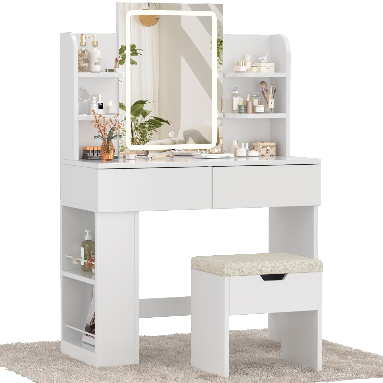 Devoko Tocador de Maquillaje con Luces LED, Brillo Ajustable, Mesa de Maquillaje con Espejo, con 2 Cajones Grandes y 4 Estantes Abiertos y Taquilla Lateral, 90 x 40 x 135 cm, Blanco