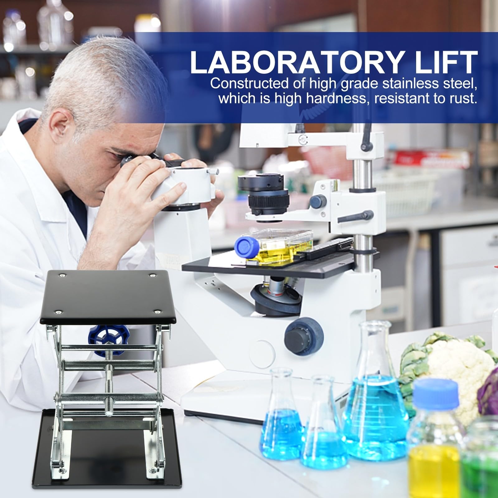 jojofuny Soporte Elevador y Plataforma Estable Estructura Plegable de Laboratorio de Acero Inoxidable Altura Ajustable para Experimentos Químicos y Físicos