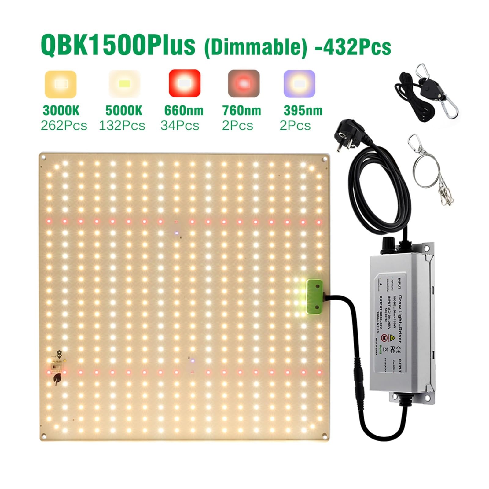 Luces de Cultivo, 1000W Full Spectrum LED Grow Light Sunlike Grow Lamp LM281B for invernadero Crecimiento de plantas Iluminación regulable(QBK1500Plus)