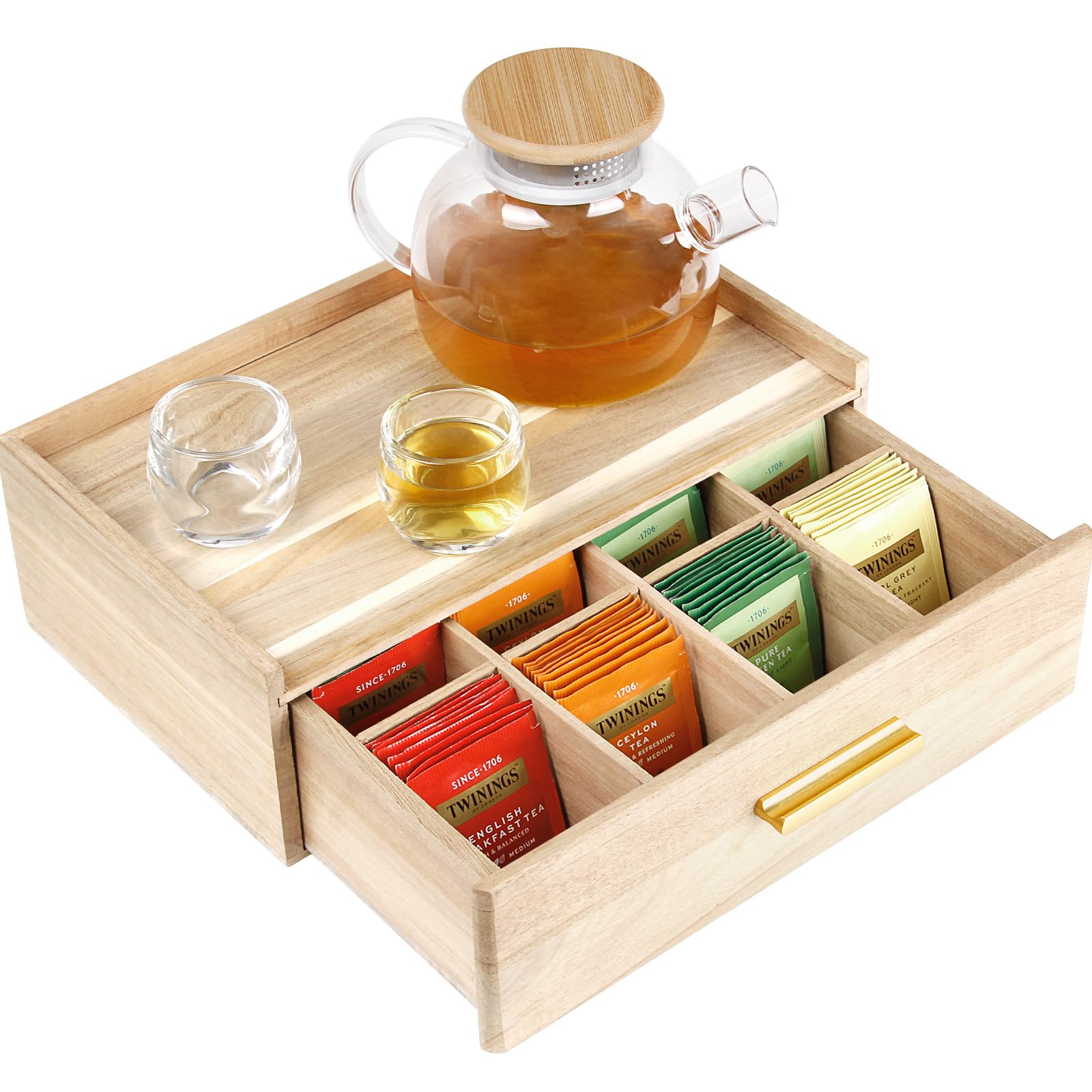 Acacia Wood Tea Bag Organizer, Tea Organizers and Storage Box, Tea Caddy for Tea Bags Storage Drawer, Teabag Holder Container Boxes for Countertop, Tea Station Chest Display Wooden, Organizador De Te