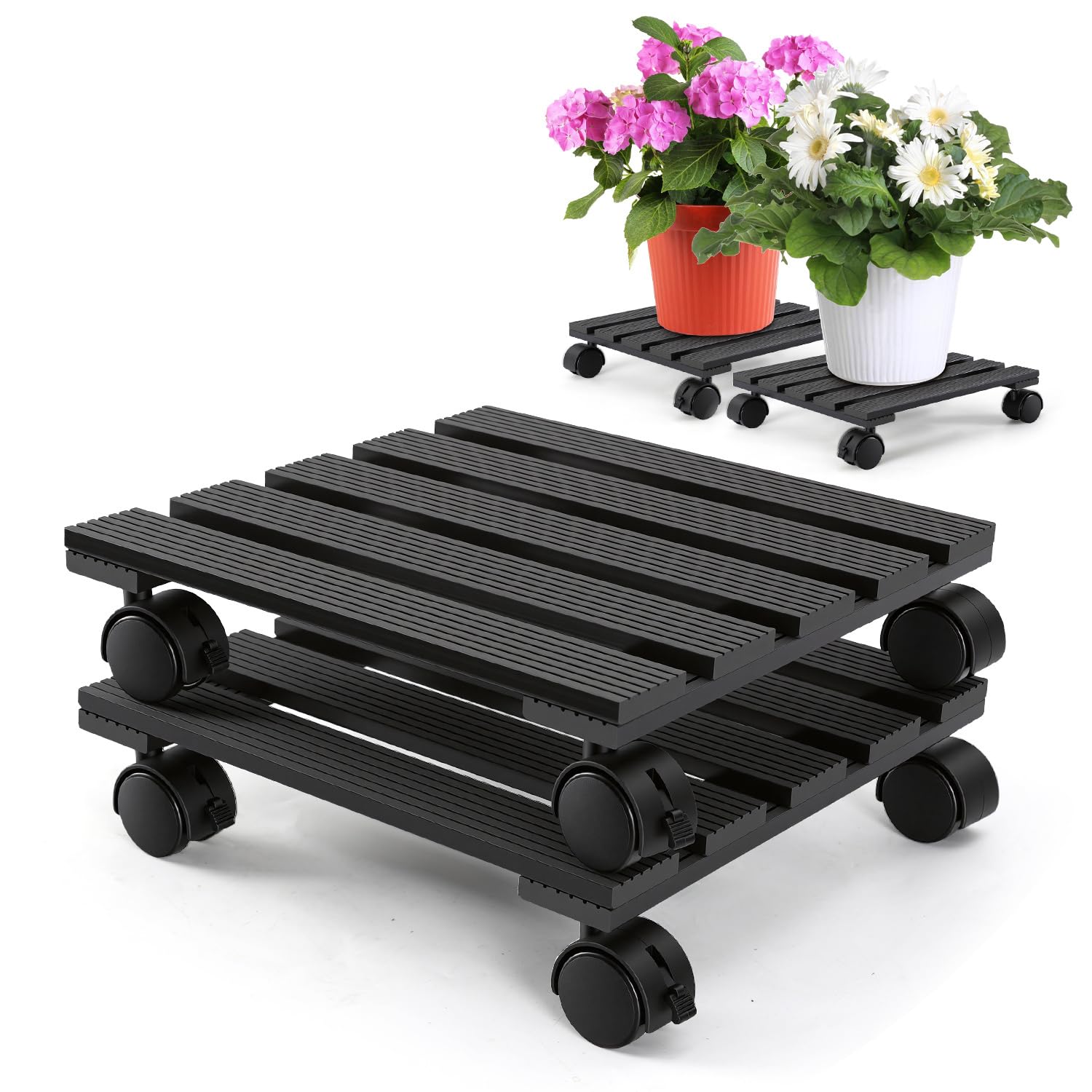 Ikodm 2 ruedas para plantas WPC rectangulares, 30 x 30 cm, con ruedas, capacidad de carga de 80 kg, para interiores y exteriores, tabla de ruedas para plantas, maceta (antracita)
