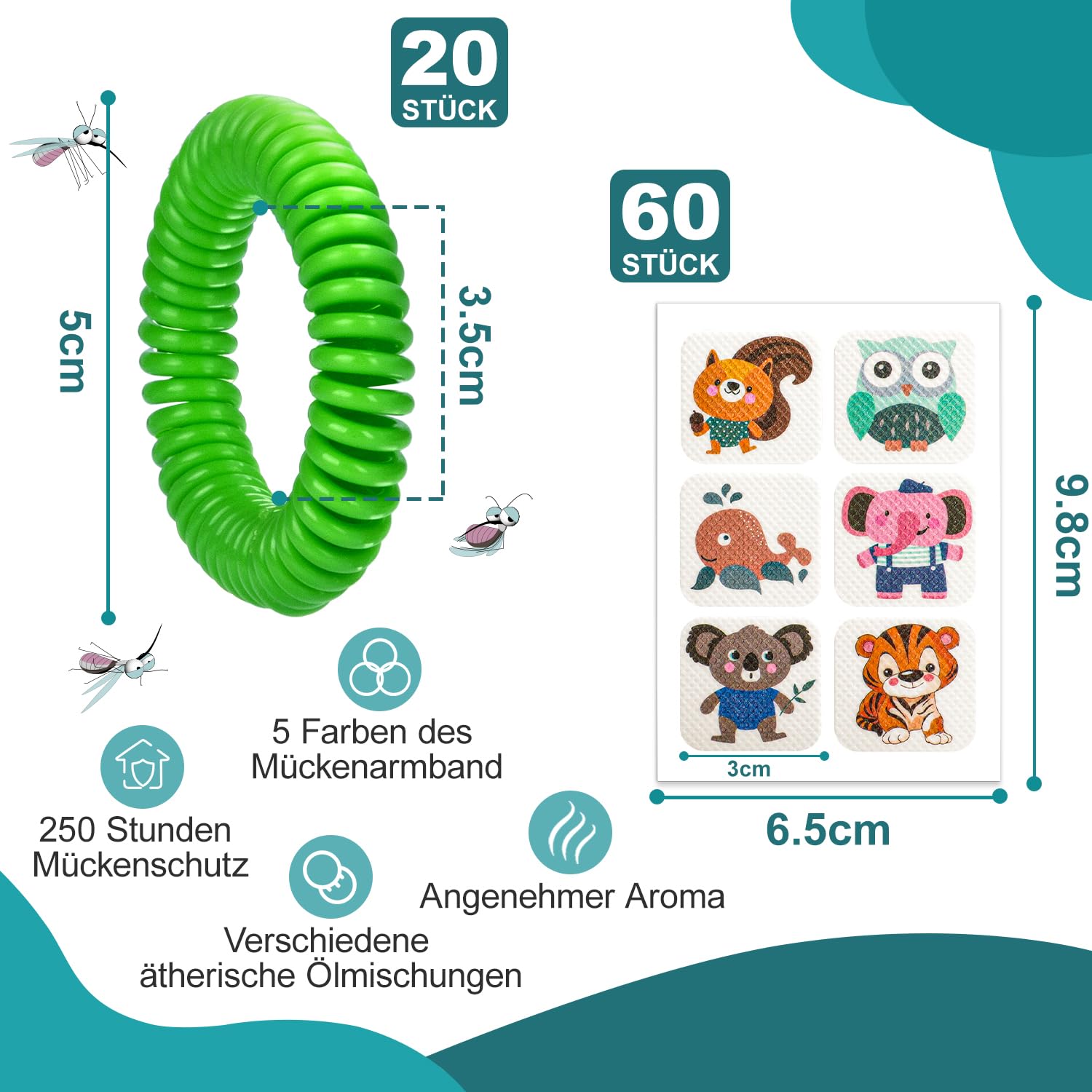 Braccialetti Antizanzare - 20 Pezzi Braccialetto Repellenti per Zanzare con 60 Cerotti Antizanzare per Bambini Adulti, Bracciale Zanzarella per Interni ed Esterni
