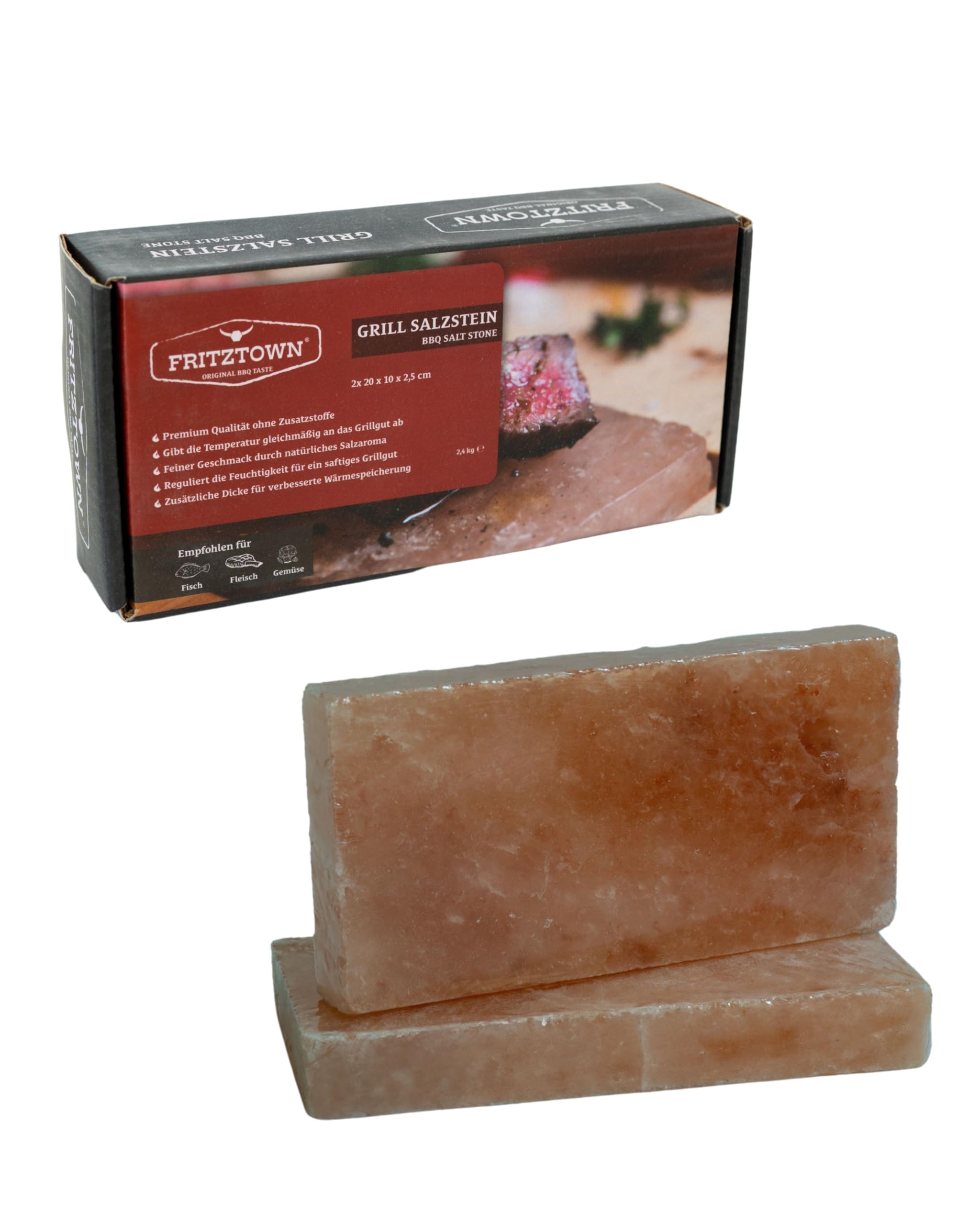 FRITZTOWN Deluxe Grill Salzstein - 2er Set 20x10x2,5 cm - Feiner Geschmack durch Kristallsalz - Exklusive Geschenkbox inkl. Gebrauchsanweisung