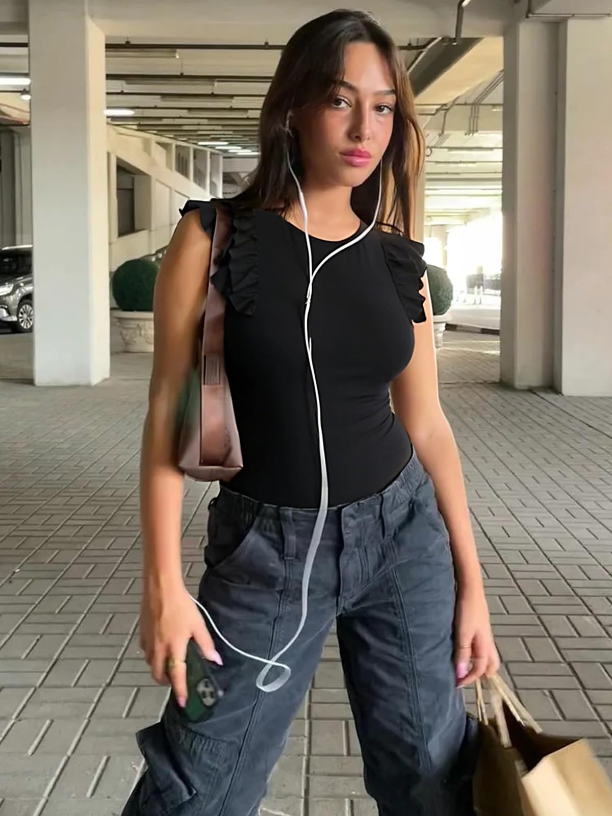 SHAPERIN - Body para mujer con volante elegante, sin mangas con cuello redondo, camiseta de verano
