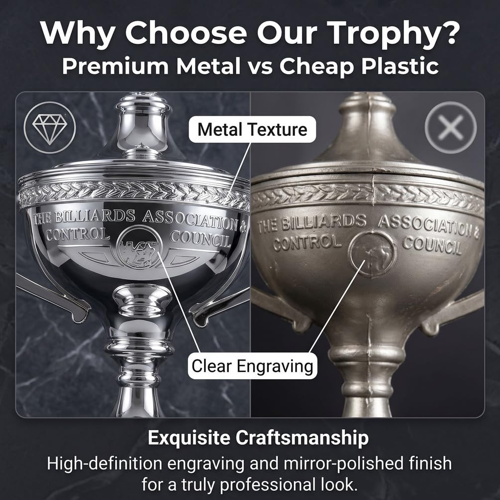 Replica del Trofeo del Campionato di Snooker, Coppa da Torneo in Metallo Argentato da 40 cm per Collezionisti, Appassionati di Biliardo, Sala Giochi, Bar, Club e Decorazione per Ufficio