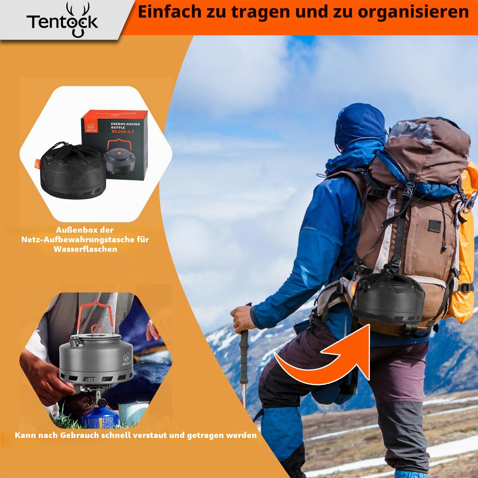 Tentock Wasserkessel Camping 1.1L / 1.6L – Schnelle Heizung mit Wärmetauscher, Energiesparender Aluminium Kessel für Gasherd, Ideal für Outdoor, Reise, Wohnmobil, Picknick – inklusive Netztasche(1.1L)