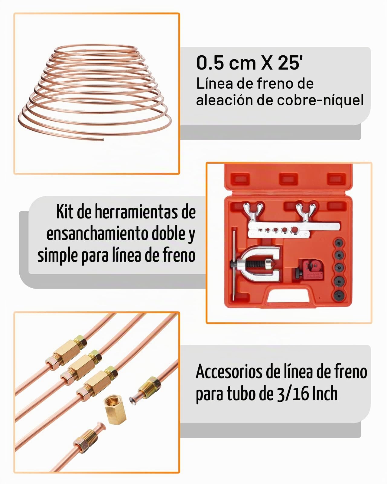Herramienta Abocardar Tubos Freno, 7m Ø 4,75mm Tubo de Freno Cobre-Níquel Kit (16 Conexiones de Tornillo + 4 Conectores)